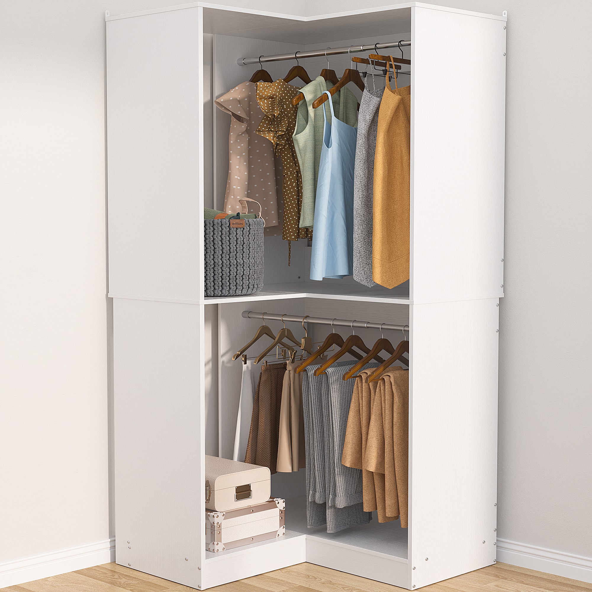 Photos - Display Cabinet / Bookcase Inch Aheaplus - Corner Closet System, 32  Wide Corner Unit with 2 Hanging Rods and Shelves, 3-Tier - White BBY-YCJZHZJG-W 
