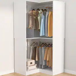 Aheaplus - Corner Closet System, 32 Inch Wide Corner Unit with 2 Hanging Rods and Shelves, 3-Tier - White