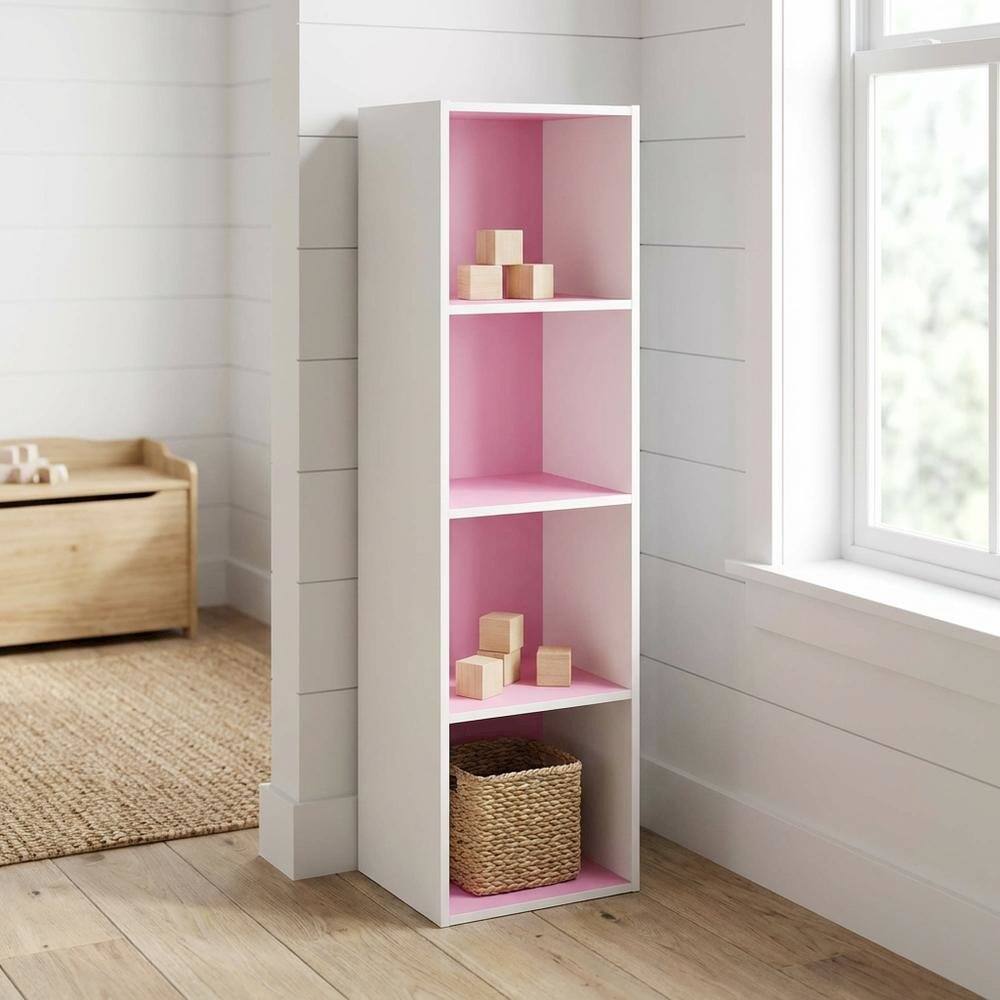 Angle. FurniFact - 4-Tier Open Shelf Bookcase with Engineered Wood Construction for Storage - Pink/White.