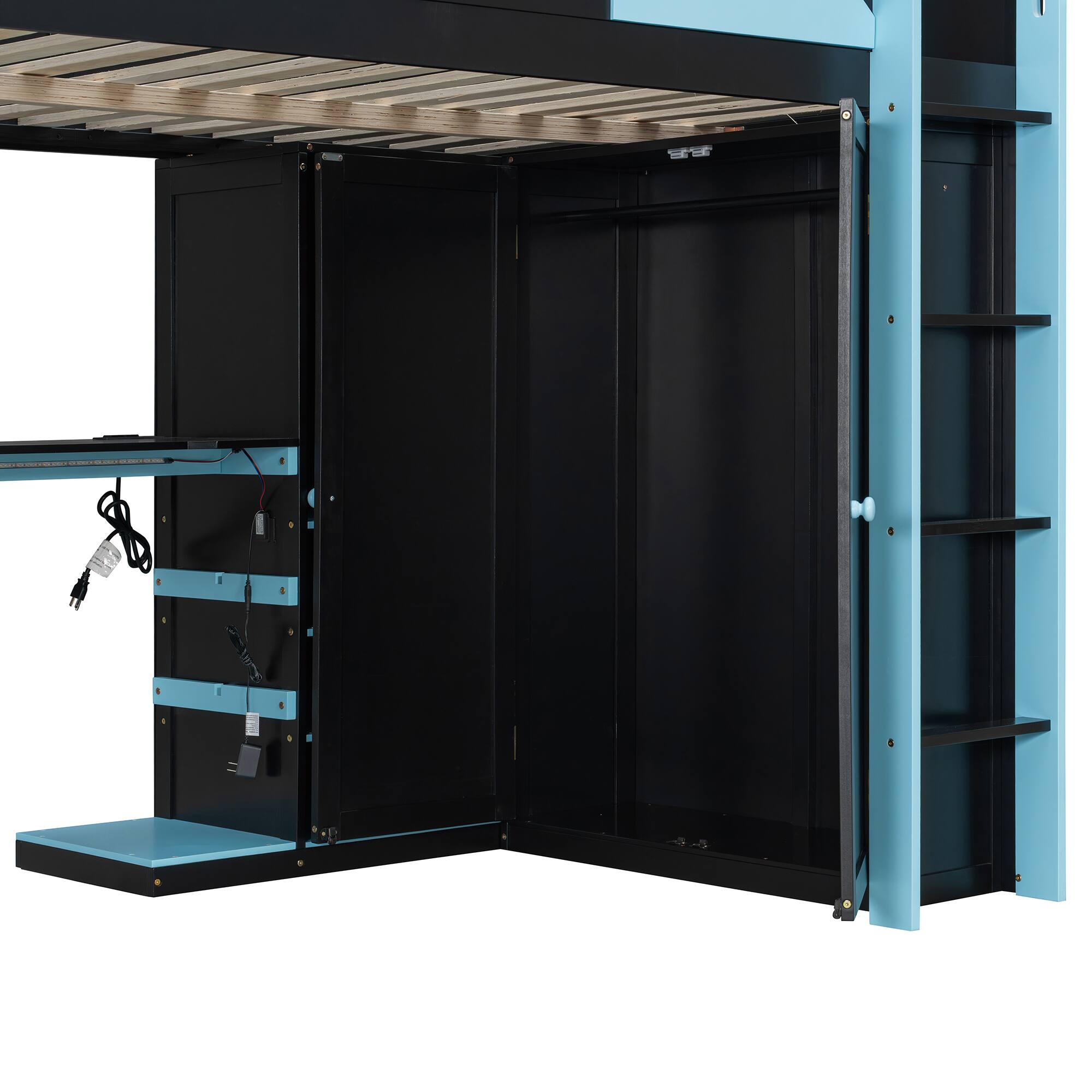 Alt View 5. Anysun - Full Size Wood Loft Bed with Desk, Multi-storage Shelves,USB and RGB Light - Blue.