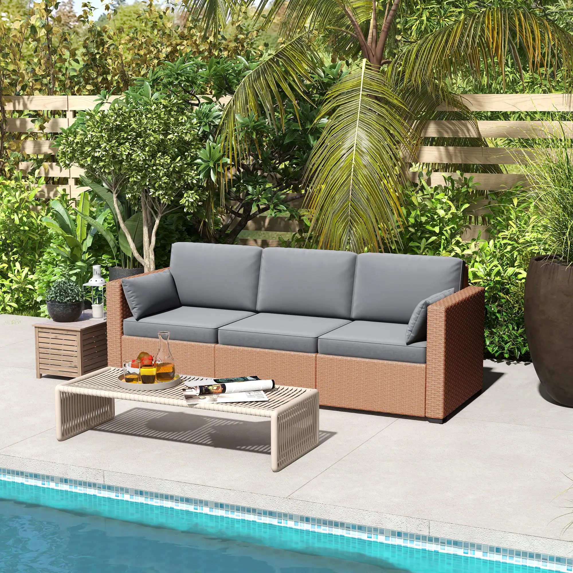 Alt View 1. Outsunny - Patio Couch PE Wicker Deep Seating Outdoor Sofa with Removable Cushions, 3 Seater Rattan Sofa, Outdoor Furniture - Sand.