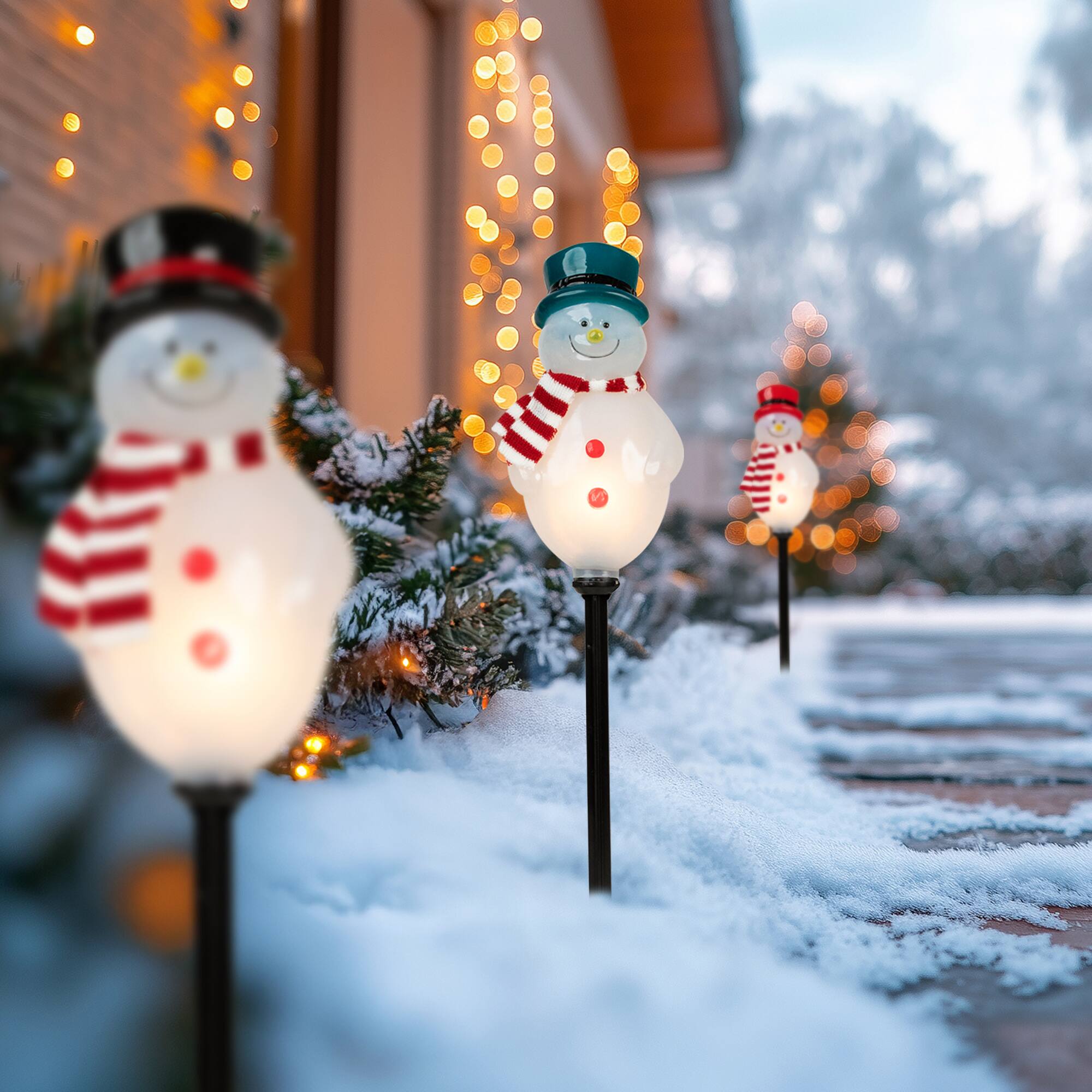 Front. Northlight - Lighted Snowmen Christmas Outdoor Pathway Markers - 16" - Set of 3 - White.