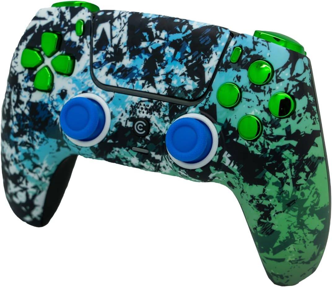 Angle. Custom Controllerzz - Custom Wireless Controller for PS5 - Polar Pixel & Green Chrome Inserts.