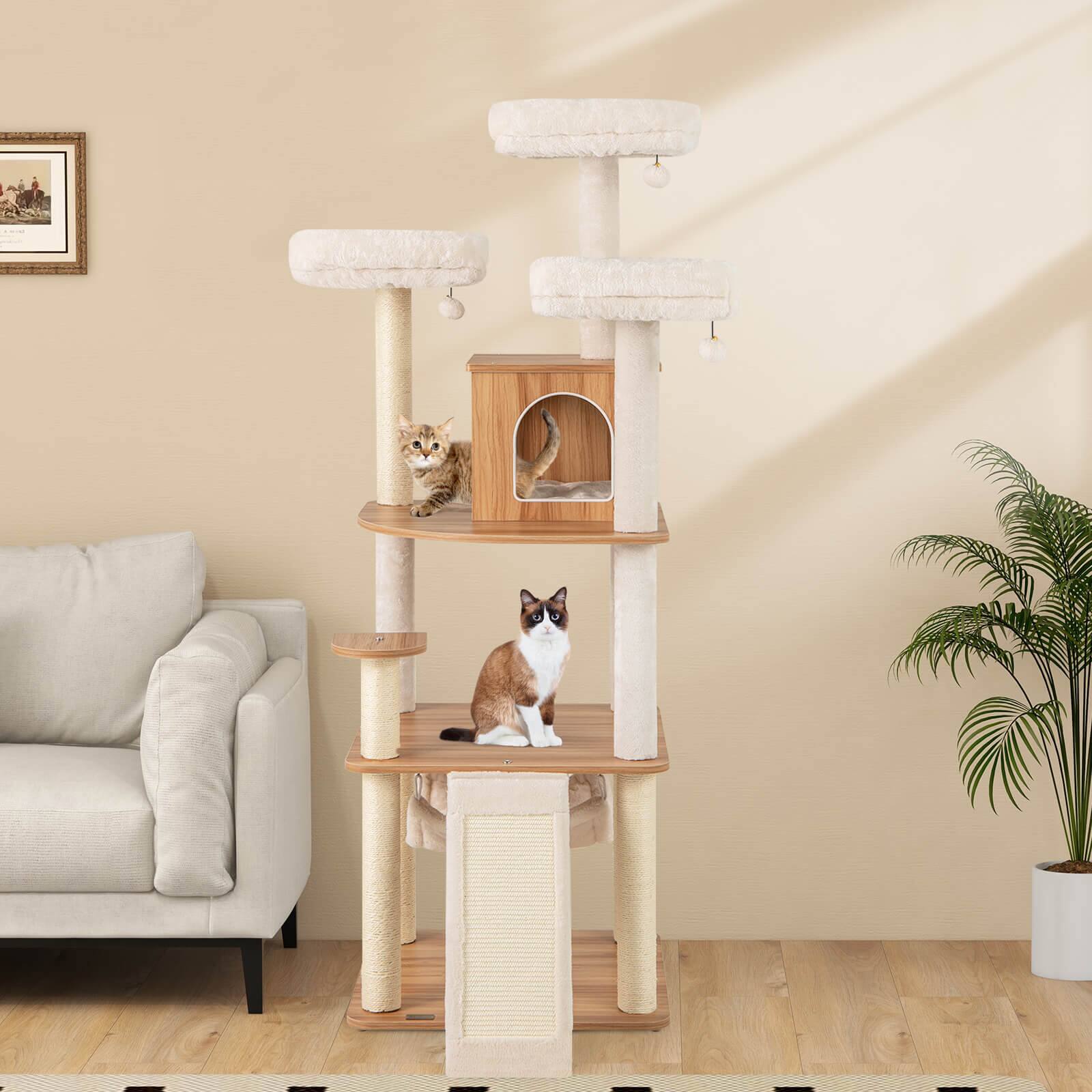 Alt View 3. Costway - Costway 68" Tall Cat Tree Wood Cat Tower w/ 3 Padded Perches Multi-Level Climbing Furniture - Natural+White.