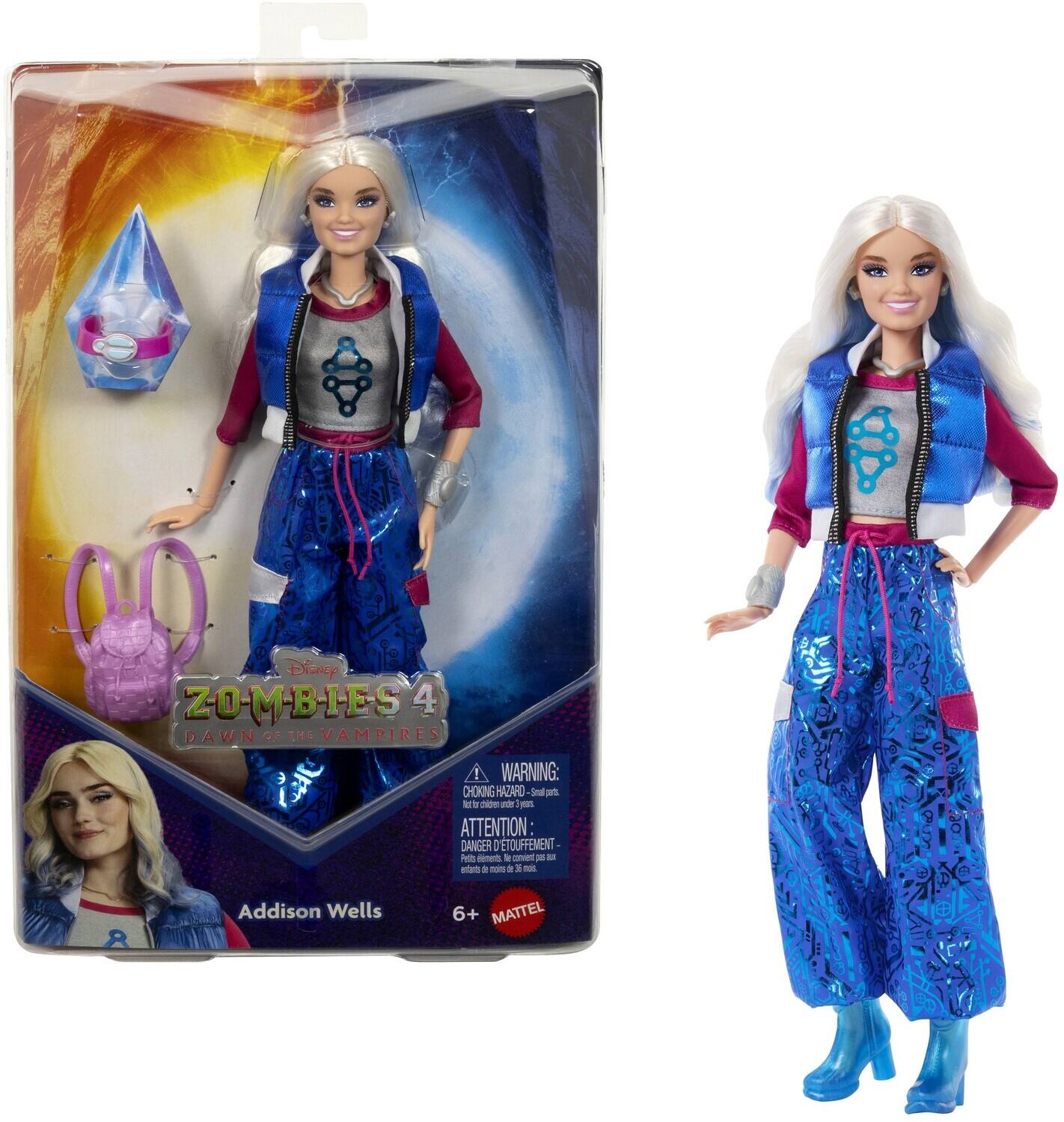 Disney ZOMBIES 4  
DAWN OF THE VAMPIRES  

WARNING: CHOKING HAZARD - Small parts. Not for children under 3 years.  
ATTENTION: DANGER - Petite pièce. Ne convient pas aux enfants de moins de 3 ans.  

Addison Wells  

6+  
MATTEL