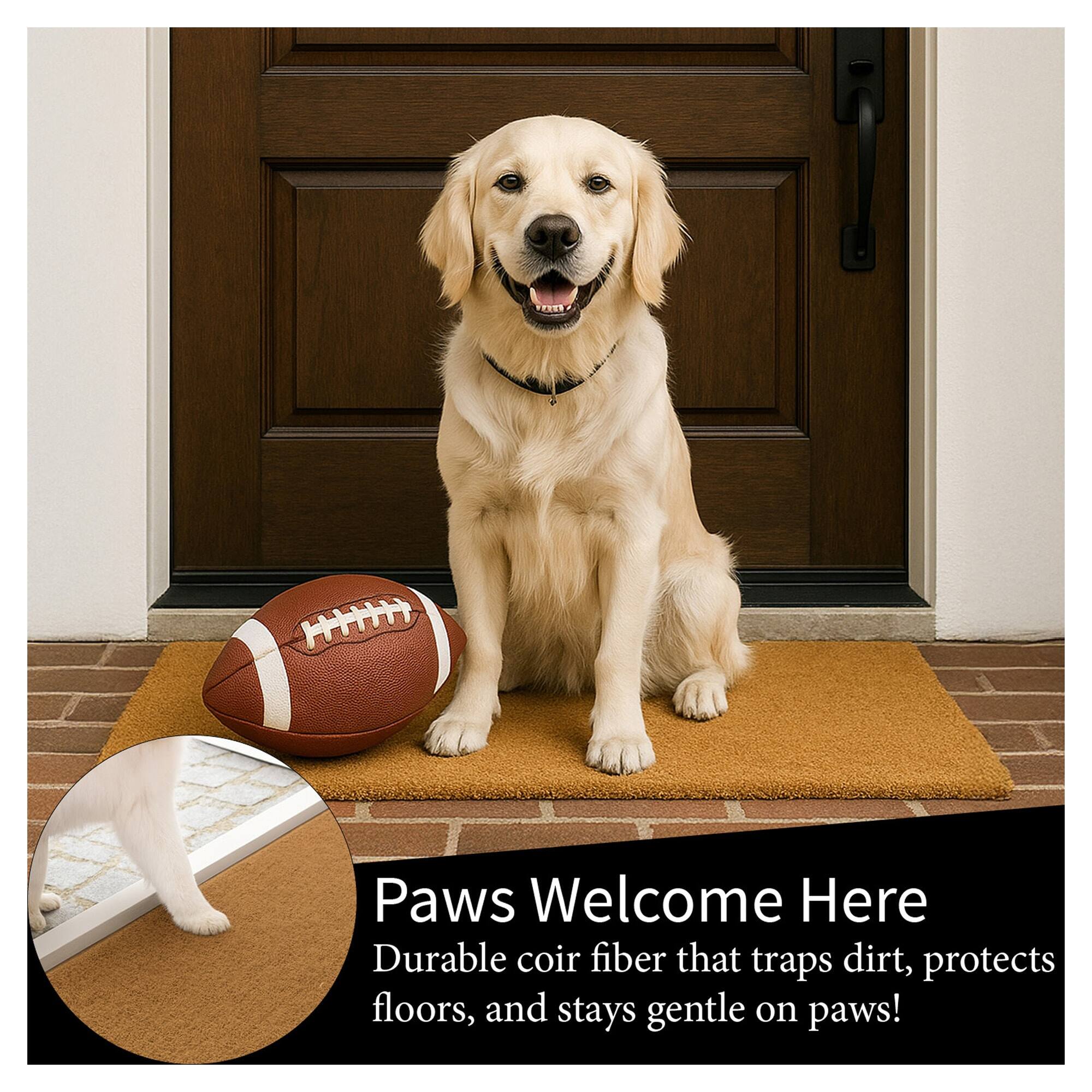 Paws Welcome Here  
Durable coir fiber that traps dirt, protects floors, and stays gentle on paws!