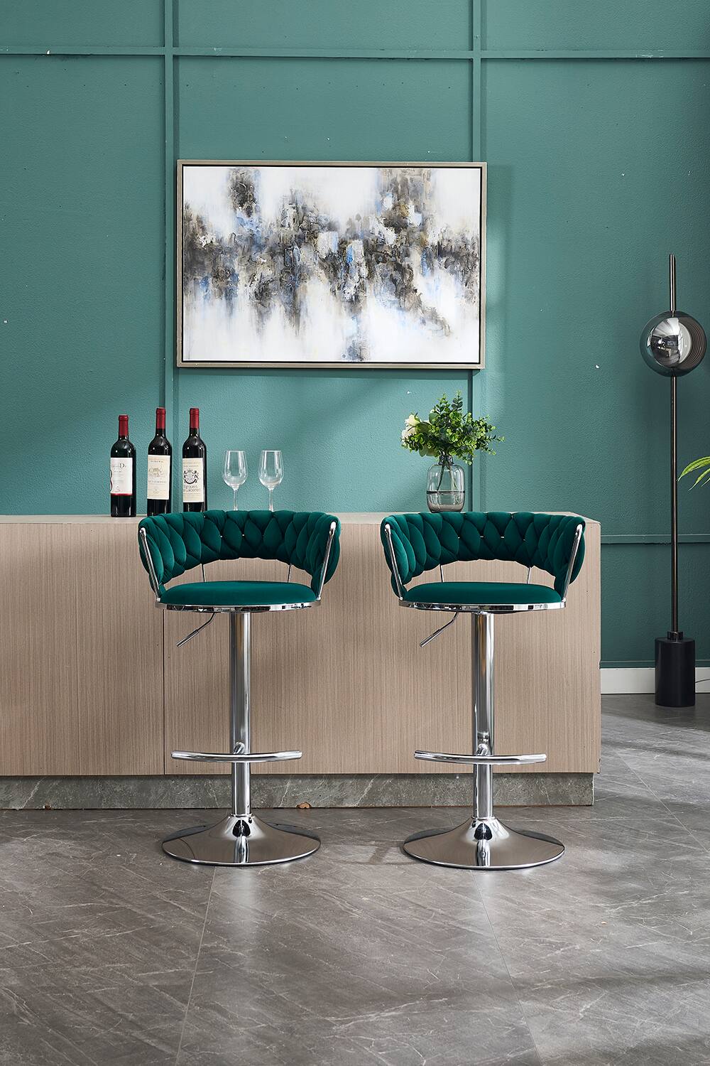 Alt View 5. SlickBlue - Modern Adjustable Bar Stools – Set of 2 Velvet Swivel Chairs with Chrome Legs - Green.