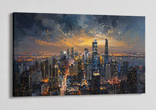 Front. FC Design - Large Canvas 24x36" Night City Skyline Urban Buildings Art Painting Home Wall Décor - MultiColor.
