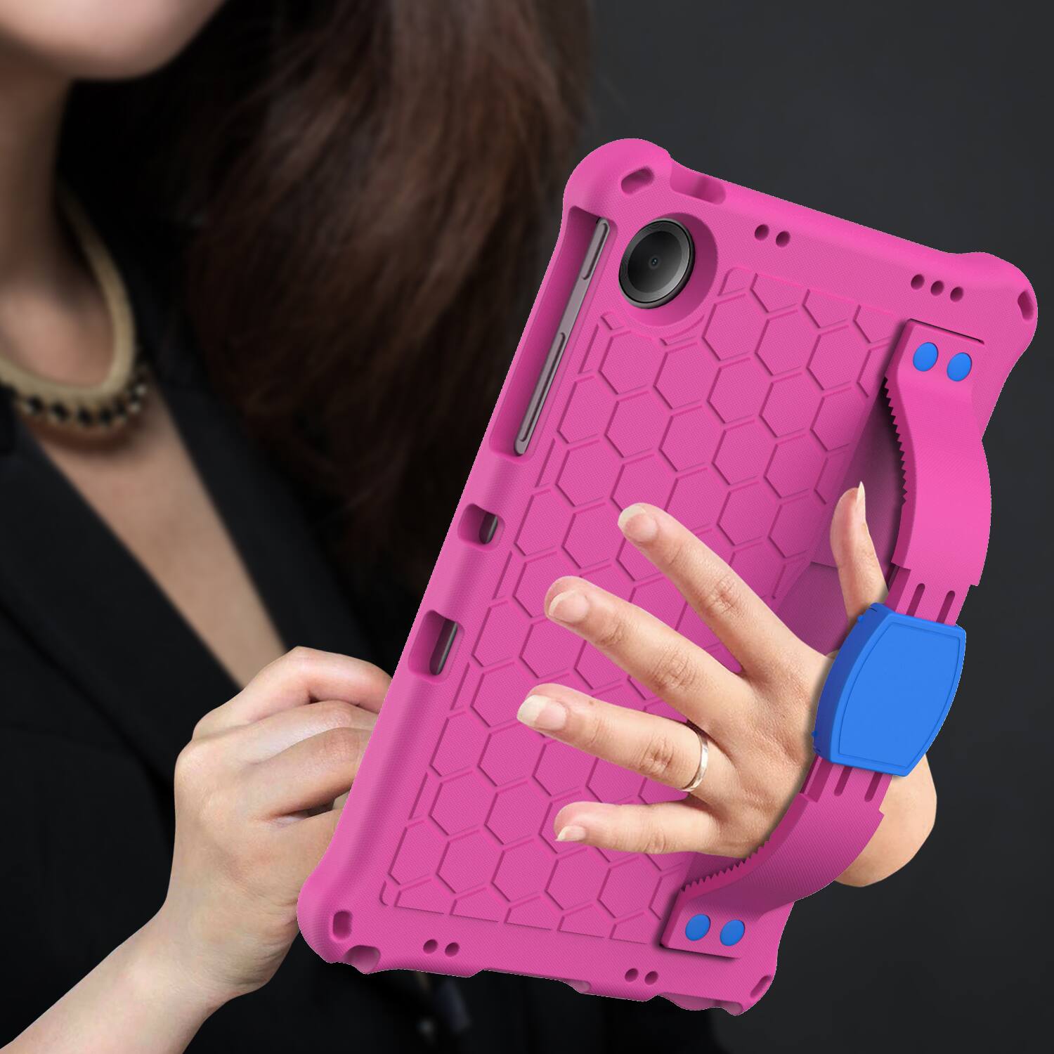 Back. Dteck - For Samsung Galaxy Tab A11+ 2025 / A9+ 2023 Rugged Kid Case Shockproof Safe EVA Hand Grip Cover With Crossbody Strap - Rose Blue.