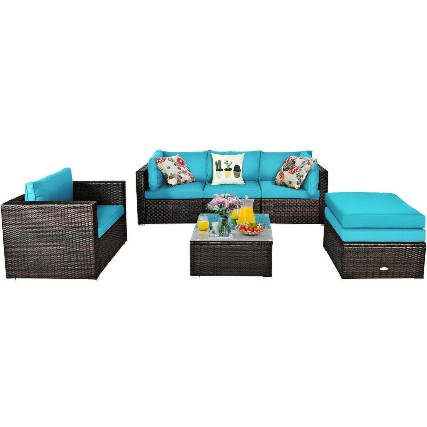 Alt View 2. Pefilos - 6 Pcs Patio Rattan Furniture Set with Sectional Cushion-Turquoise, Wicker Furniture Conversation Sets, Coffee Table - Blue.
