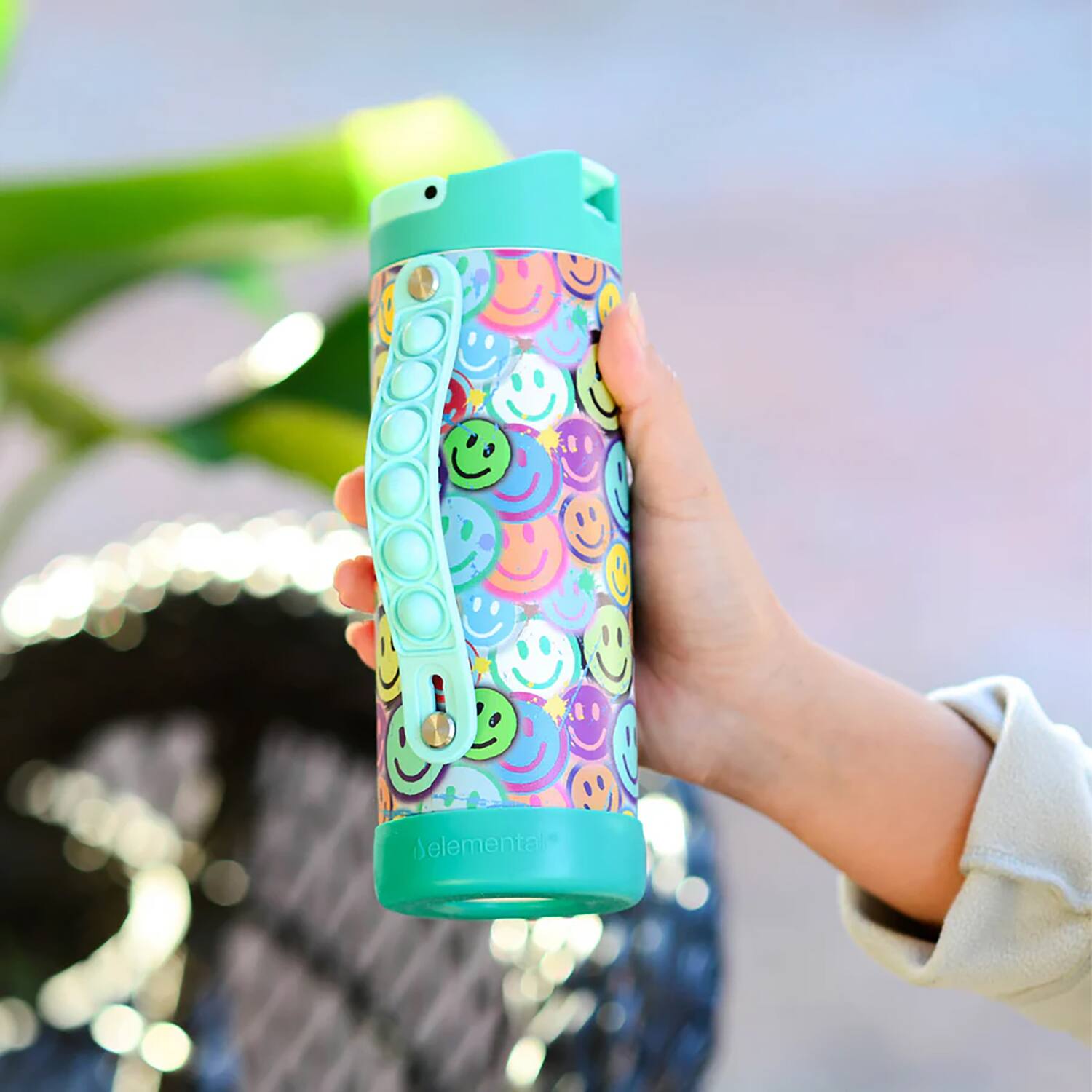 Angle. Elemental - Iconic Pop Stainless Steel Fidget Water Bottle 14 Oz, Flip-open Sports Cap - Graffiti Smile.