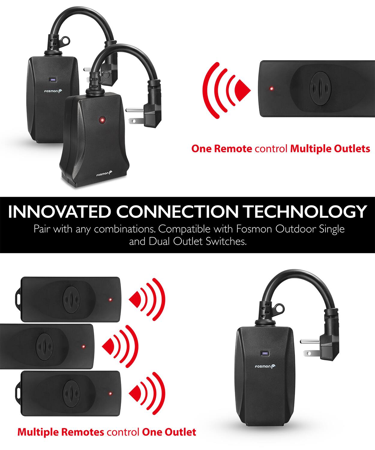 Fosmon One Remote control Multiple Outlets

INNOVATED CONNECTION TECHNOLOGY
Pair with any combinations. Compatible with Fosmon Outdoor Single and Dual Outlet Switches.

Fosmon Multiple Remotes control One Outlet