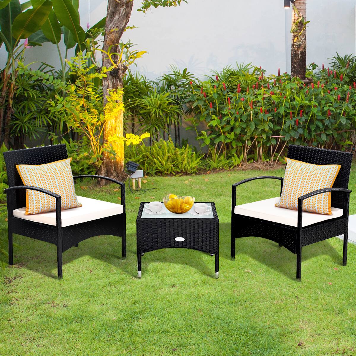 Alt View 4. Costway - Costway 3 PCS Furniture Set Table & 2 Chair Patio Wicker Rattan W/Cushion - Black.