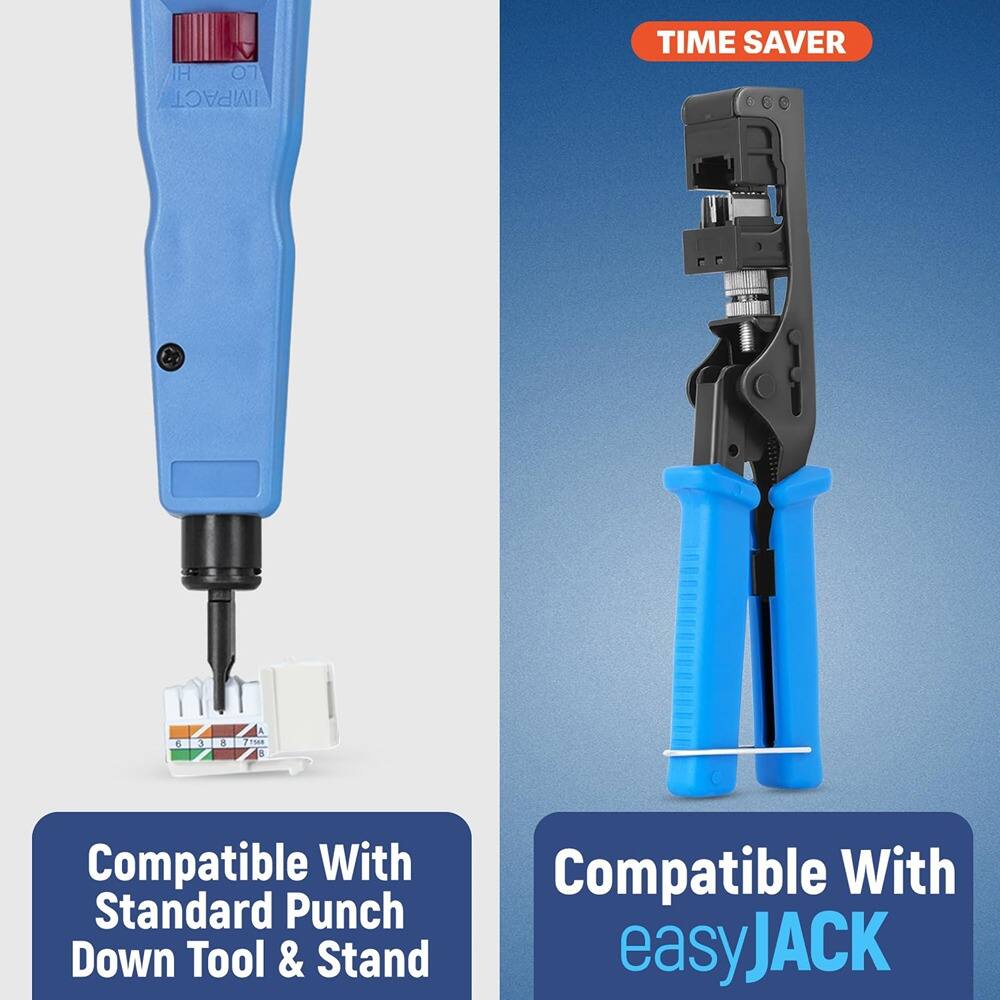 Sure, here is the corrected and grouped text from the image:

---

**TIME SAVER**

**Compatible With Standard Punch Down Tool & Stand**

**Compatible With easyJACK**

---

**IMPACTION**

**6 3 8**

---

**TIME SAVER**

**Compatible With Standard Punch Down Tool & Stand**

**Compatible With easyJACK**