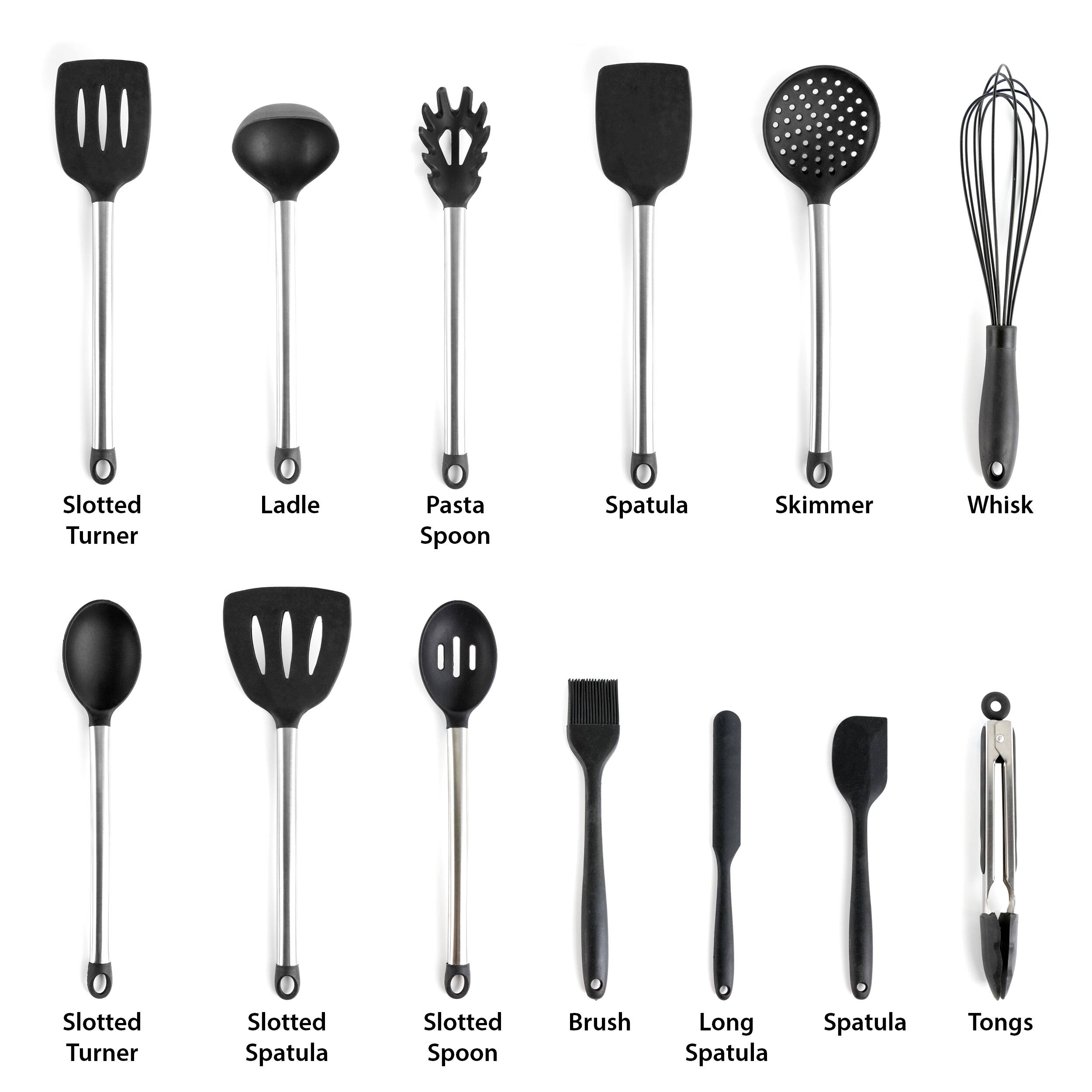 Here is the corrected and grouped text:

- Slotted Turner
- Slotted Ladle
- Pasta Spoon
- Spatula
- Skimmer
- Whisk
- Slotted Spoon
- Brush
- Long Spatula
- Tongs