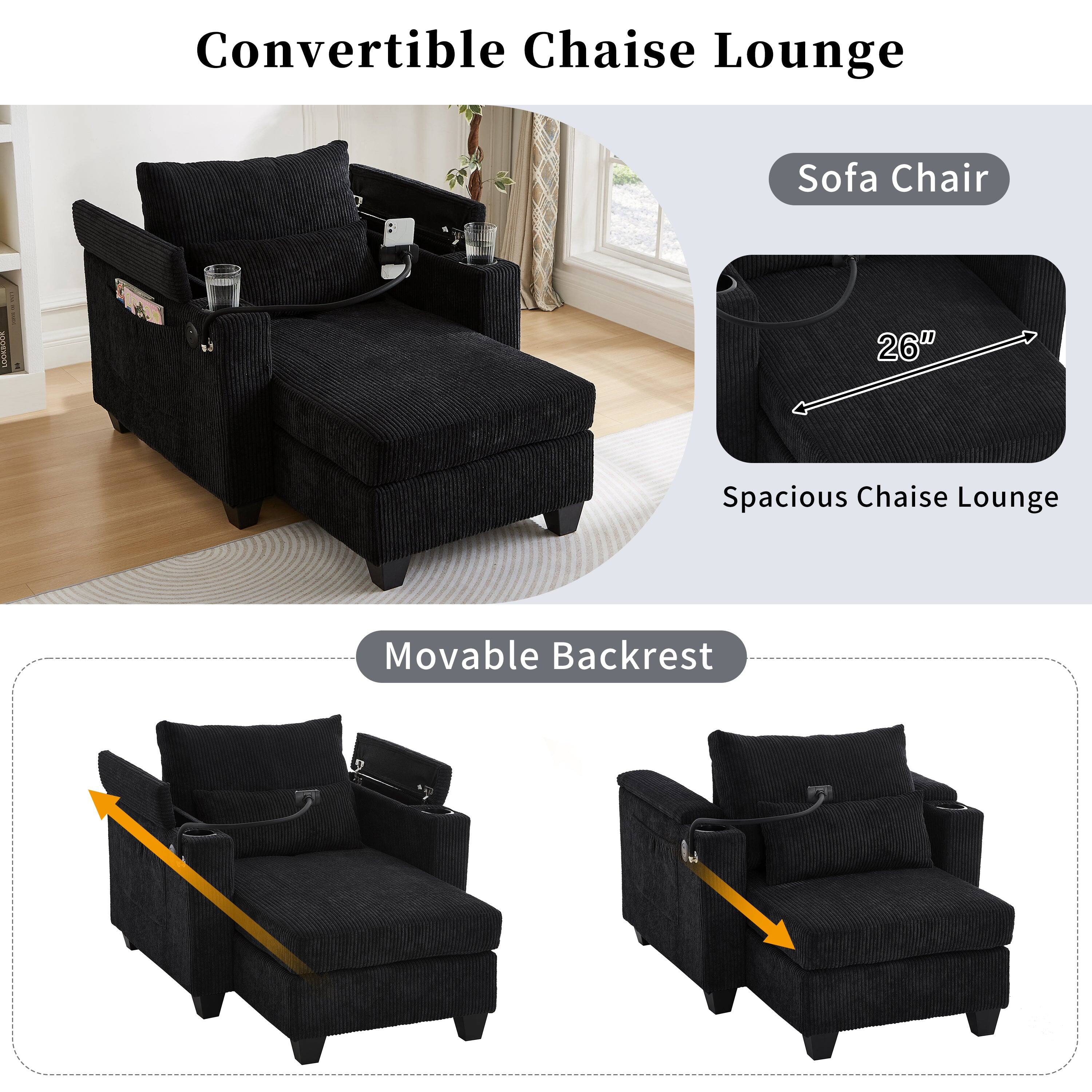 Convertible Chaise Lounge

- Sofa Chair
- Spacious Chaise Lounge (26")
- Movable Backrest