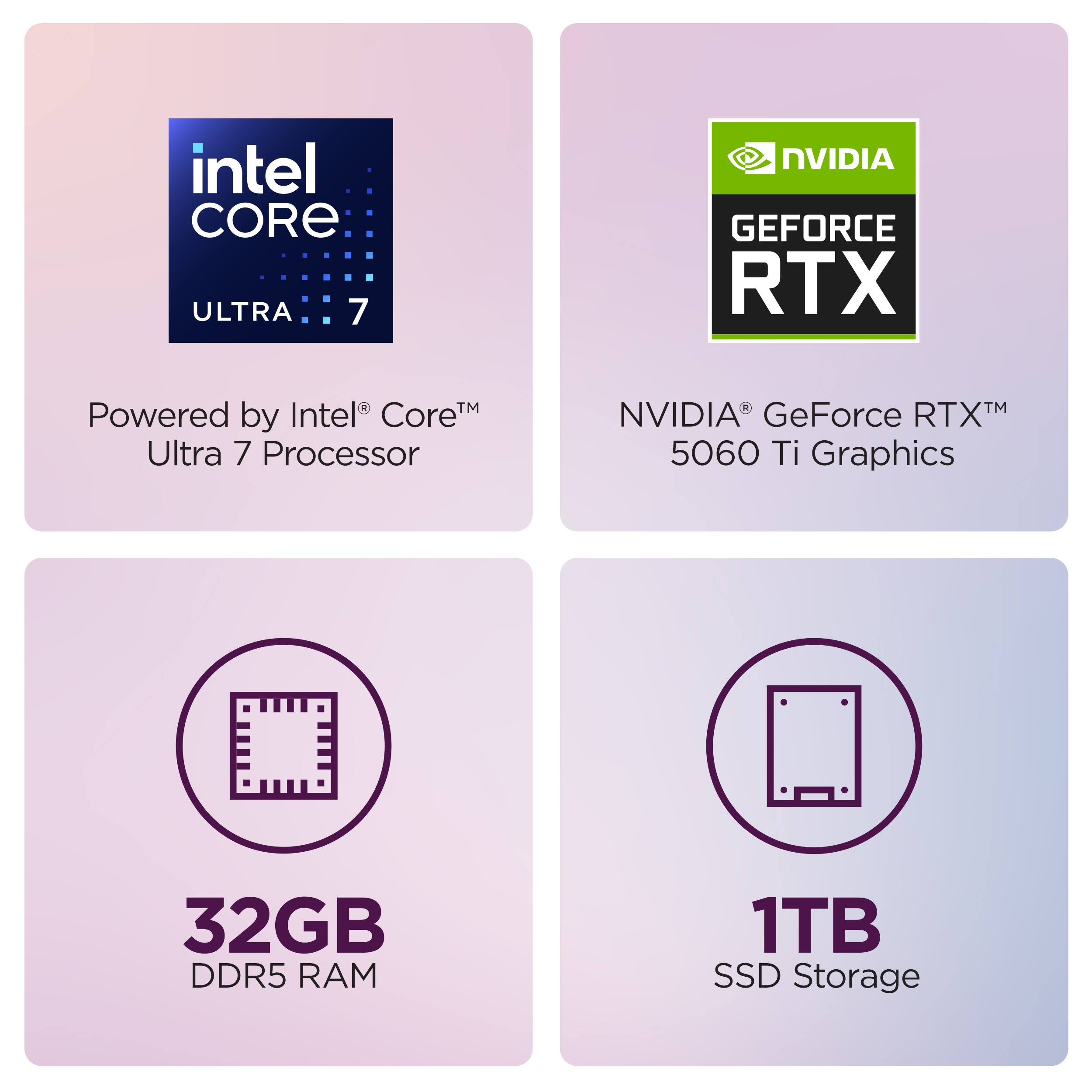 intel CORE ULTRA 7, NVIDIA GEFORCE RTX TM, Powered by Intel CoreM Ultra 7 Processor, NVIDIA GeForce RTXTM 5060 Ti Graphics, 32GB DDR5 RAM, 1TB SSD Storage