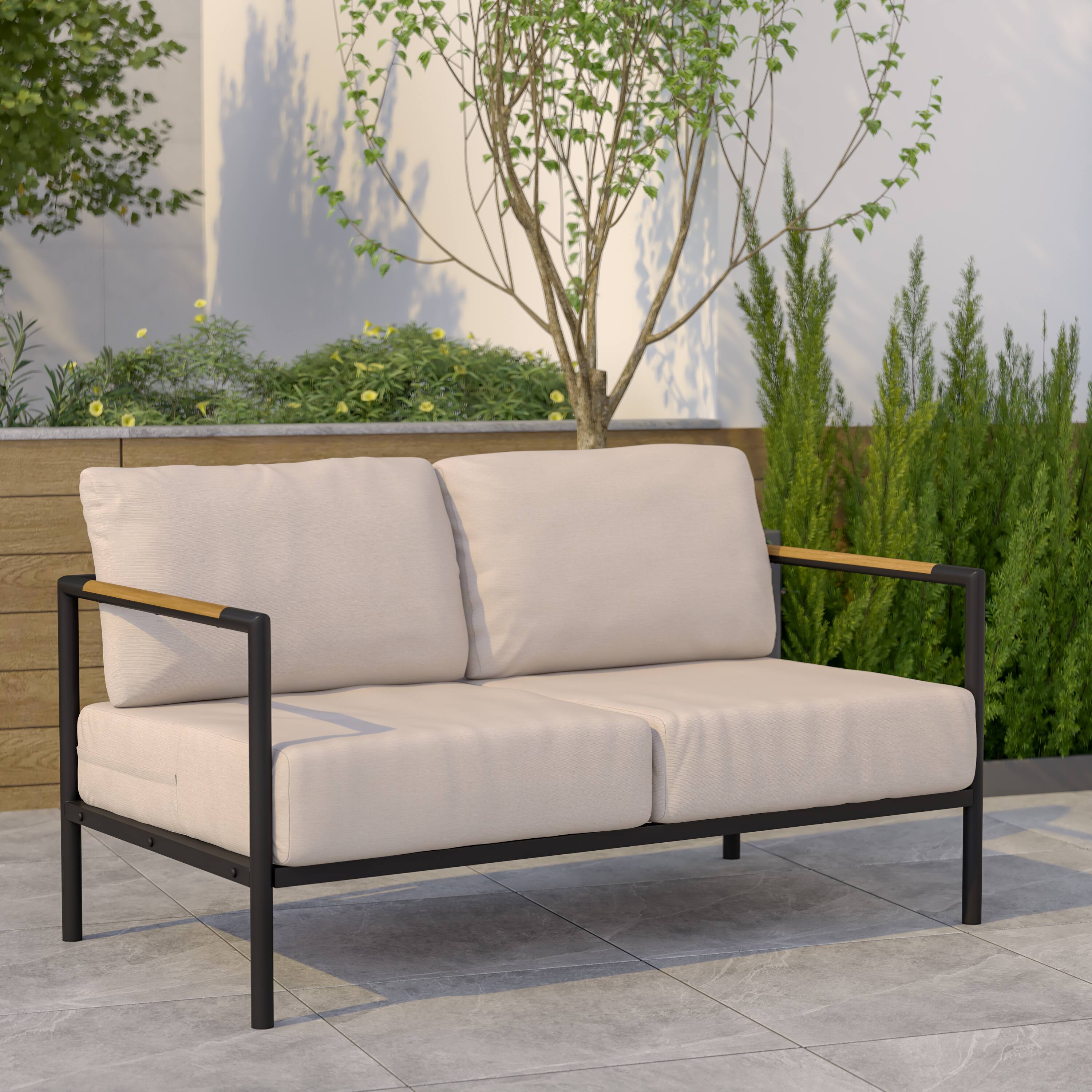 Alt View 1. Emma + Oliver - Aluminum Frame Loveseat with Teak Arm Accents and Plush Cushions - Beige.