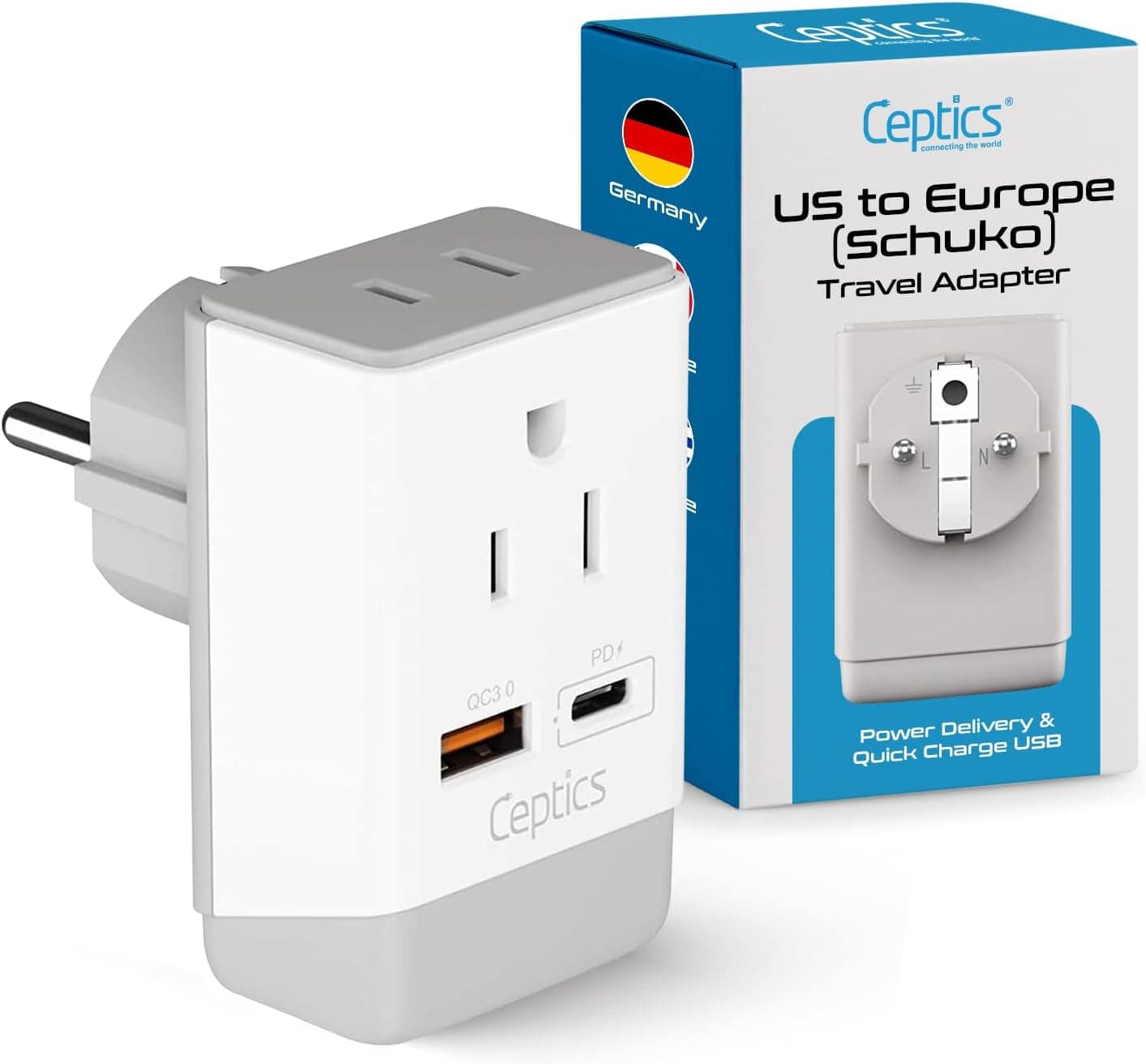 Ceptics - Germany France Travel Plug Adapter, QC 3.0 & PD, Safe Dual USB & USB-C - 2 USA Socket Compact & Powerful - White