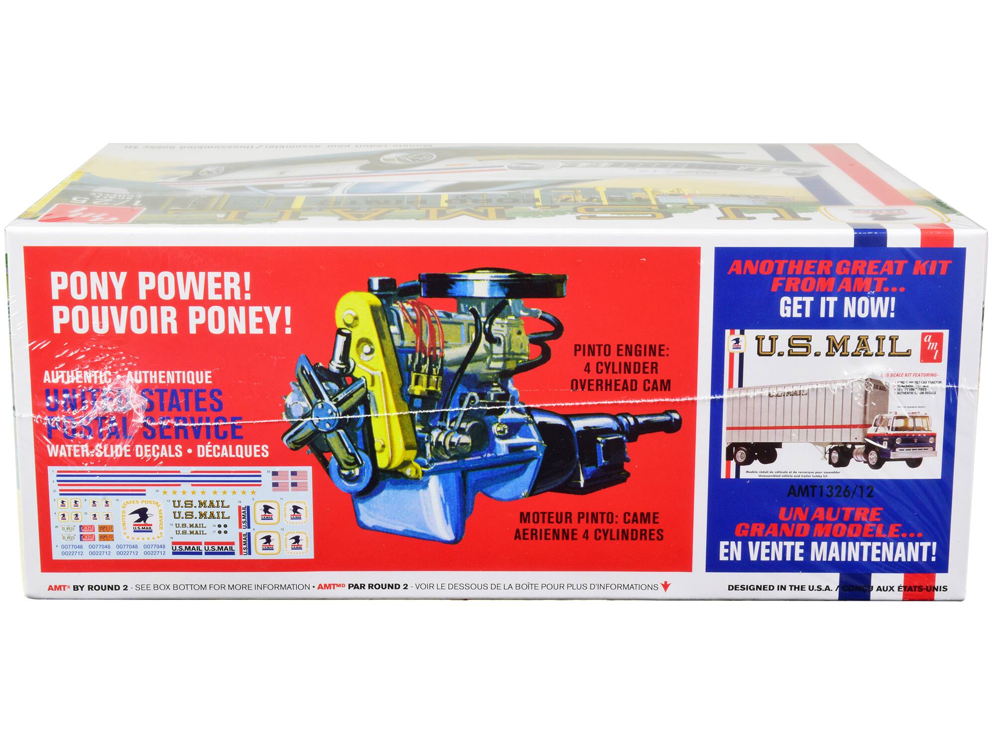 PONY POWER!  
POUVOIR PONEY!  

AUTHENTIC AUTHENTIQUE  
UNITED STATES POSTAL SERVICE  
WATER-SLIDE DECALS • DECALQUES  

PINTO ENGINE: 4 CYLINDER OVERHEAD CAM  
MOTEUR PINTO: CAME AÉRIENNE 4 CYLINDRES  

ANOTHER GREAT KIT FROM AMT...  
GET IT NOW!  

U.S. MAIL  

AMT1326/12  
UN AUTRE GRAND MODELE...  
EN VENTE MAINTENANT!  

DESIGNED IN THE U.S.A.  
CONCU AUX ÉTATS-UNIS  

AMT BY ROUND 2 - SEE BOX BOTTOM FOR MORE INFORMATION  
PAR ROUND 2 - VOIR LE DESSOUS DE LA BOITE POUR PLUS D'INFORMATIONS  

U.S. MAIL  
U.S. MAIL  
U.S. MAIL  
U.S. MAIL  
U.S. MAIL  
U.S. MAIL  
U.S. MAIL  
U.S. MAIL  
U.S. MAIL  
U.S. MAIL  
U.S. MAIL  
U.S. MAIL  
U.S. MAIL  
U.S. MAIL  
U.S. MAIL  
U.S.