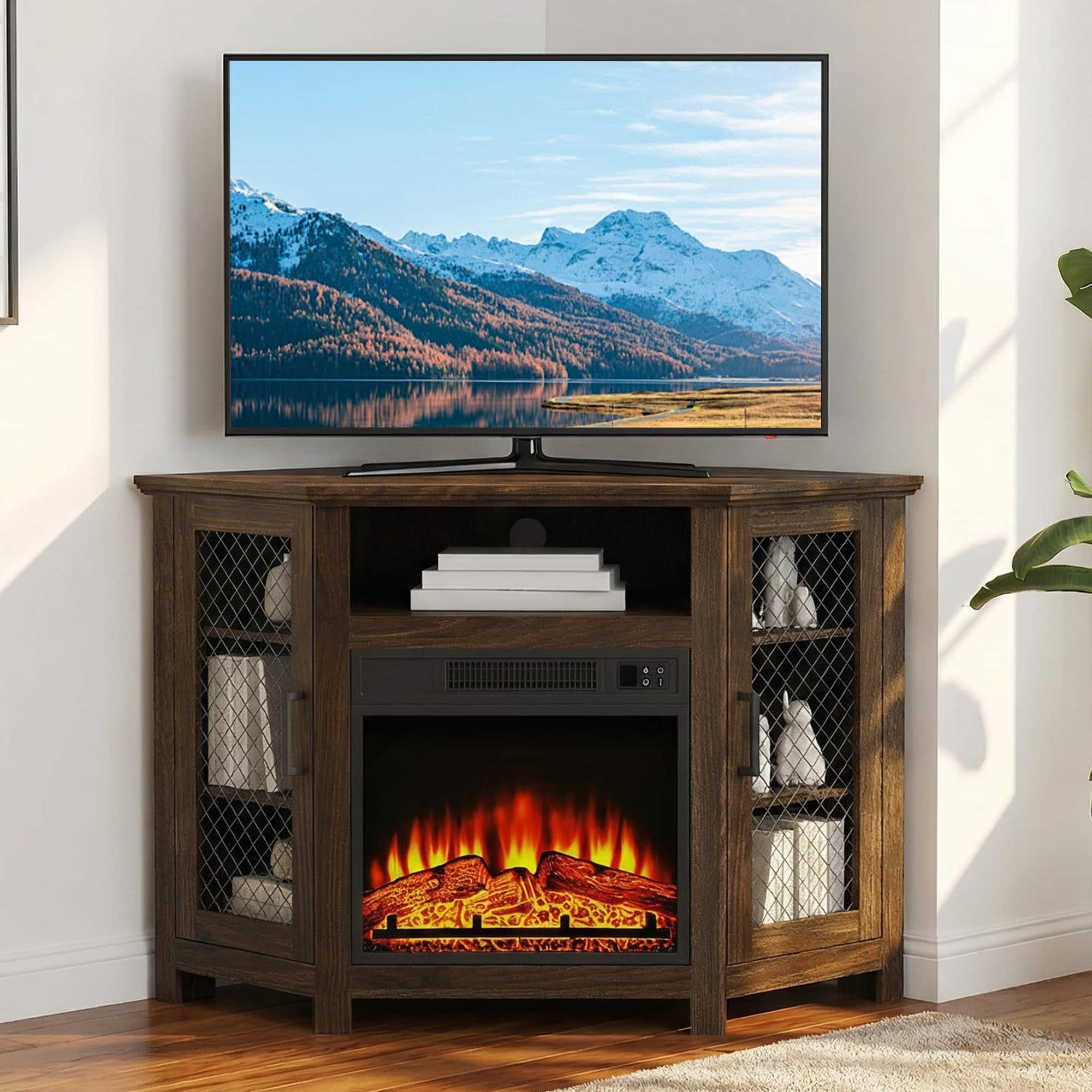 Ihomeadore - 45" Farmhouse Corner Electric Fireplace TV Stand Media Console For TVs Up To 50" With Fireplace - Brown