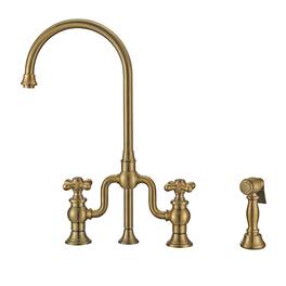 Whitehaus - Twisthaus Plus Bridge Faucet with Gooseneck Swivel Spout, Cross Handles and Solid Side Spray - Brass