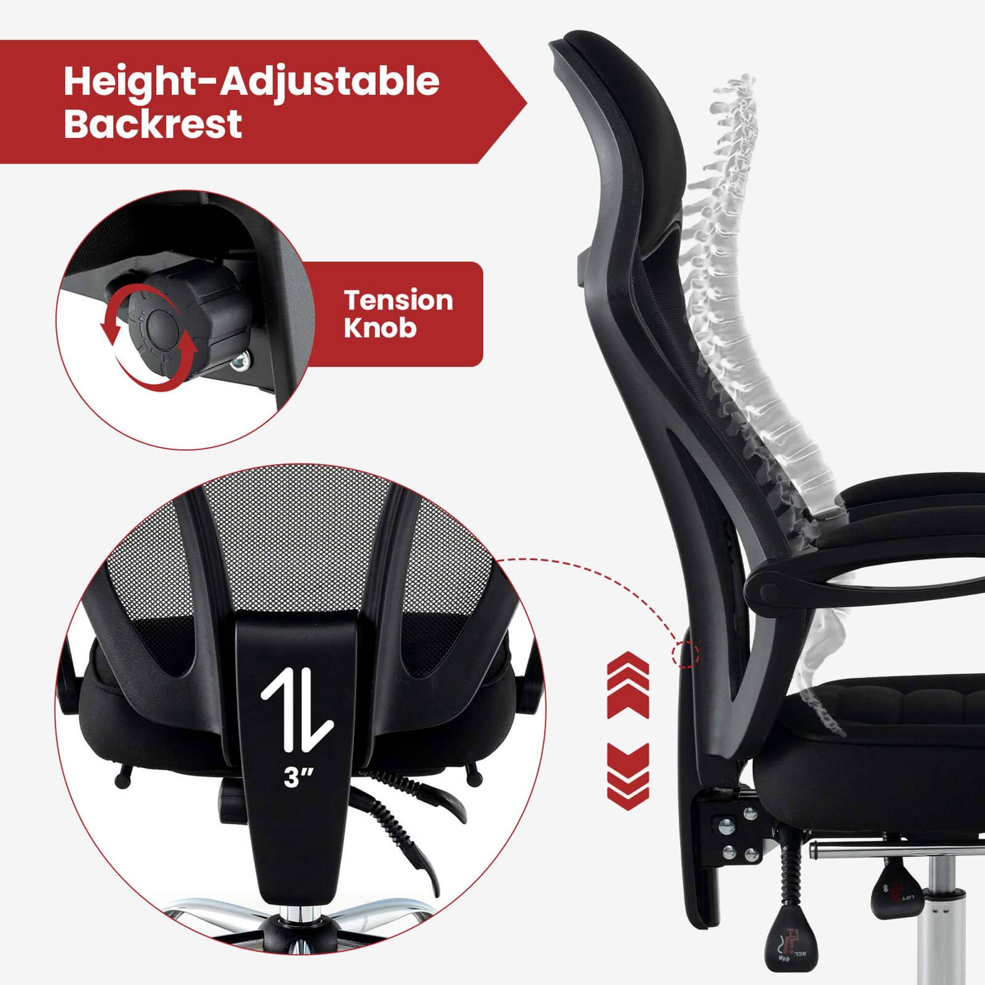 The text on the image is grouped and corrected as follows:

Height-Adjustable Backrest Tension Knob 1 3"