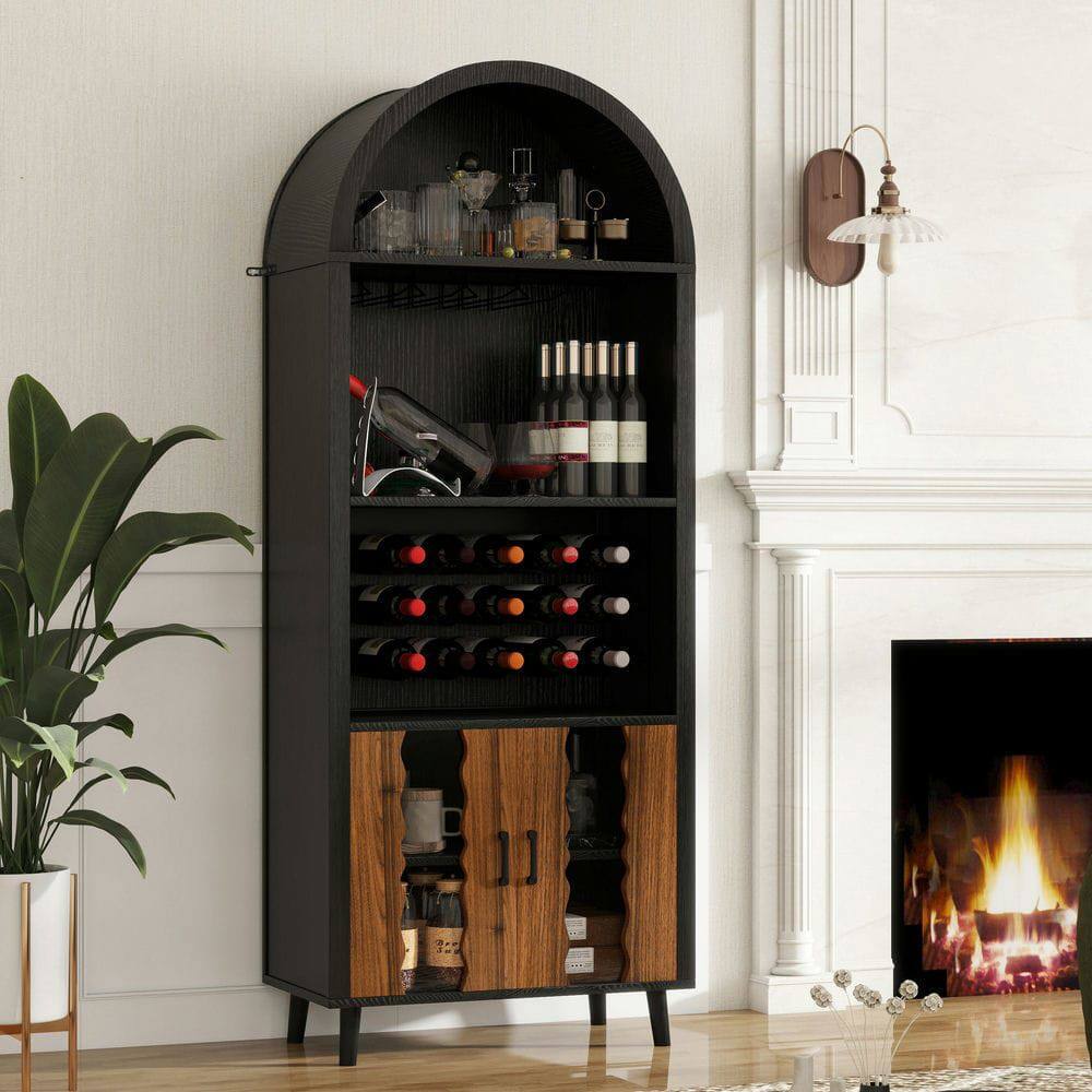 Alt View 7. Kadyn - 71-Inch Farmhouse Arched Wine Bar Cabinet with Glass Holder - Black/Natural - Black.