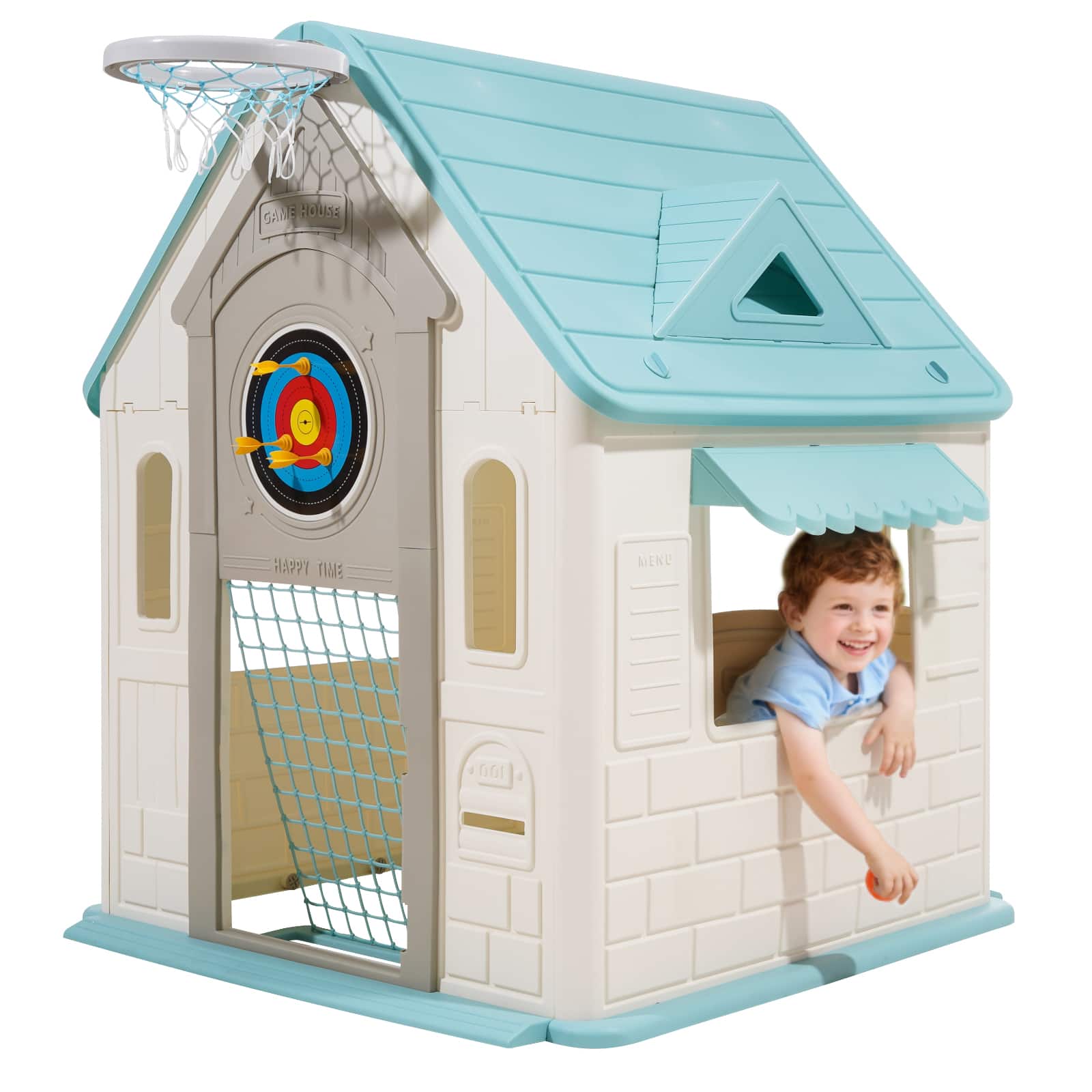 VEVOR - Outdoor Playhouse, 5-In-1 Cottage Play House with Pretend Play, Basketball, Darts, Soccer, Ring Toss - Colorful color