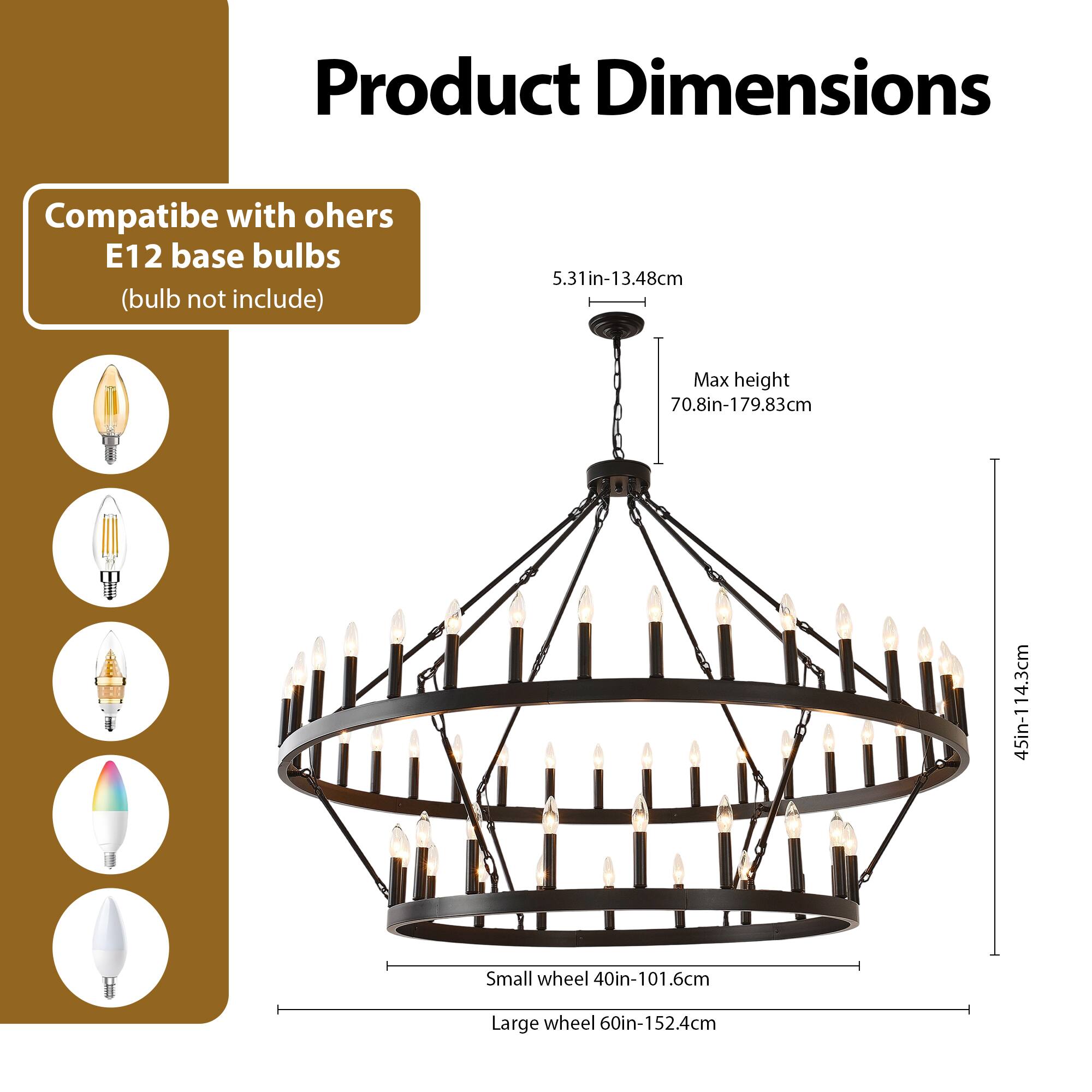 Alt View 1. RYHNUYNE - 60 Inch Black Extra Large Wagon Wheel Chandelier – 2-Tier 54-Light Farmhouse Industrial Pendant Light for High Ceilings - Black.