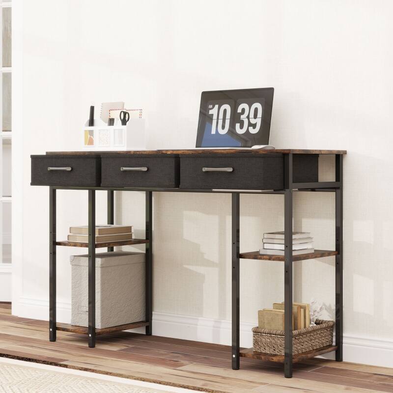 Angle. Anysun - 47" Small Computer Desk with Fabric Drawers & Adjustable Shelves, Space-Saving Home Office Writing Desk - Rustic Brown.