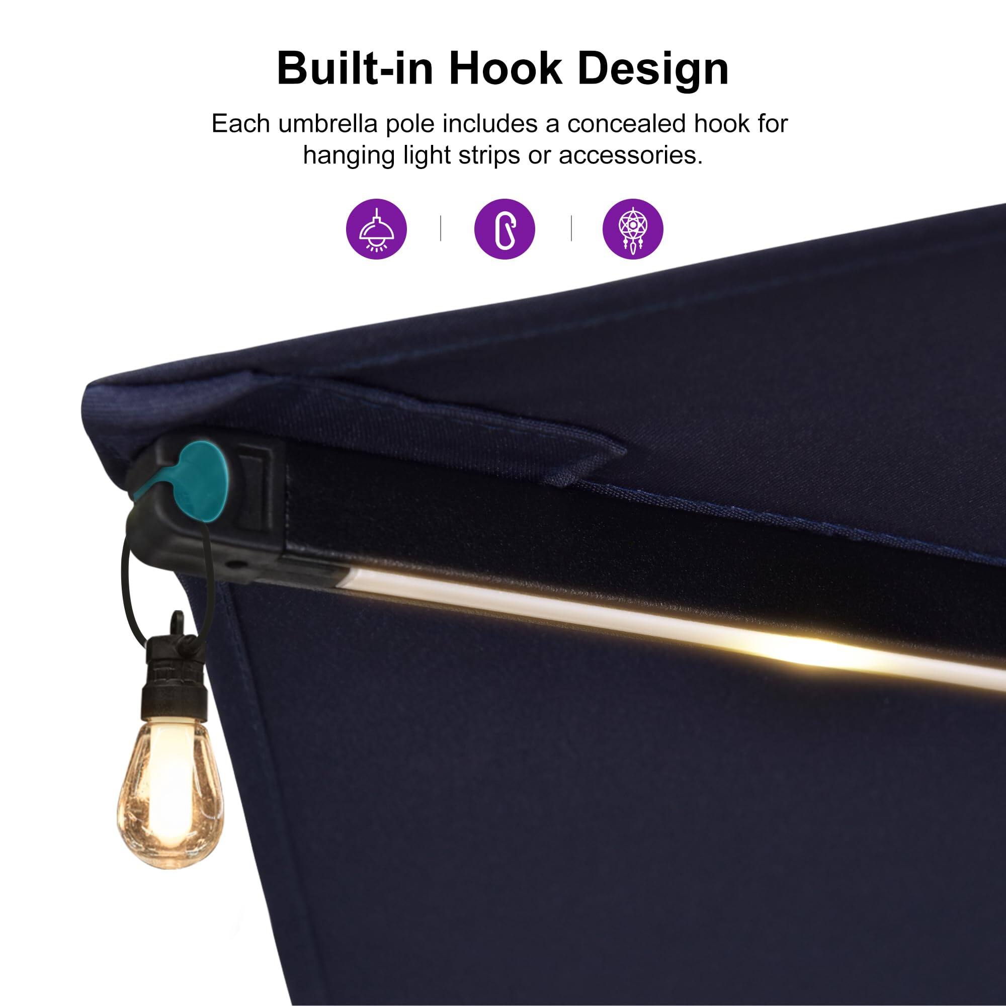 Built-in Hook Design  
Each umbrella pole includes a concealed hook for hanging light strips or accessories.