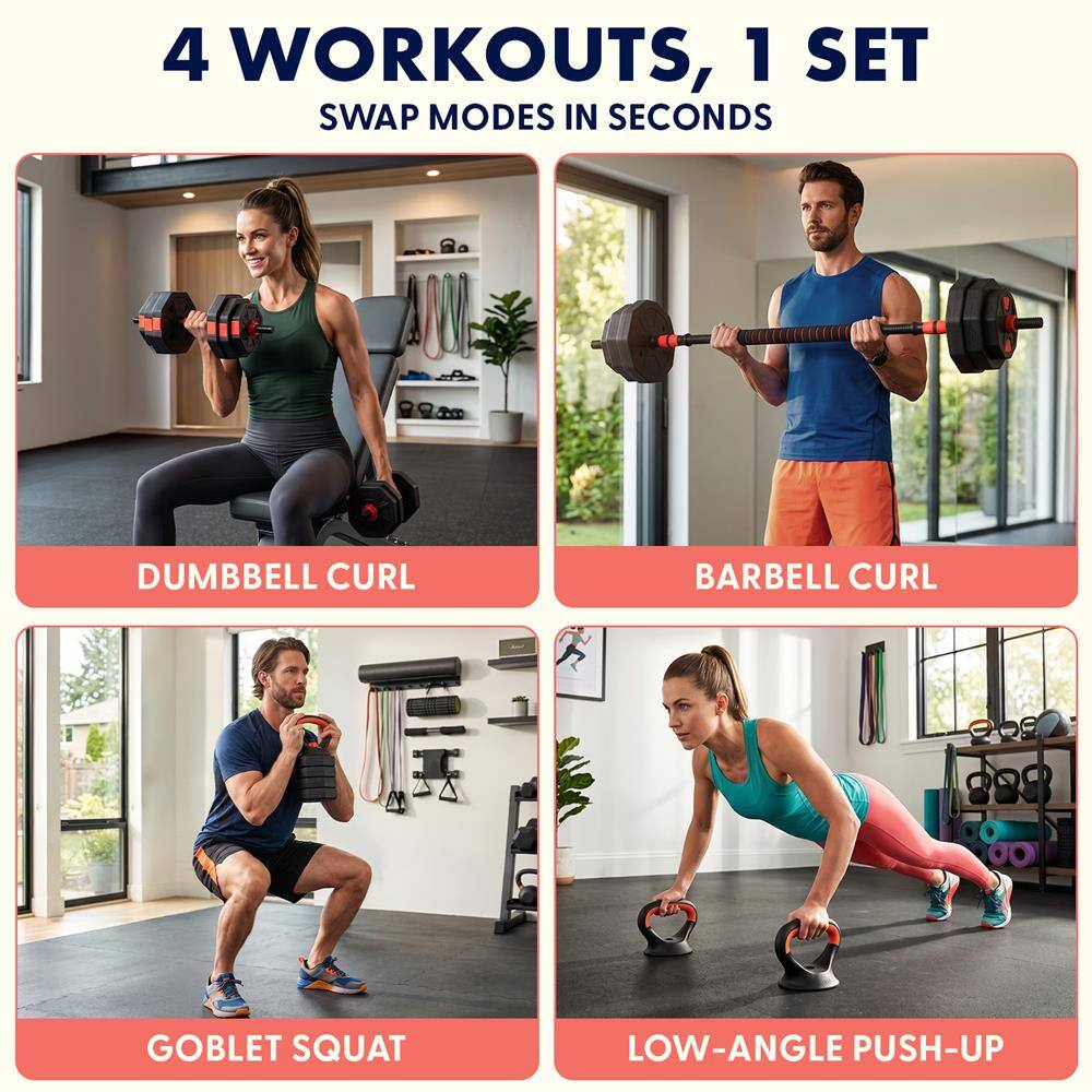 4 WORKOUTS, 1 SET  
SWAP MODES IN SECONDS

- DUMBBELL CURL
- BARBELL CURL
- GOBLET SQUAT
- LOW-ANGLE PUSH-UP