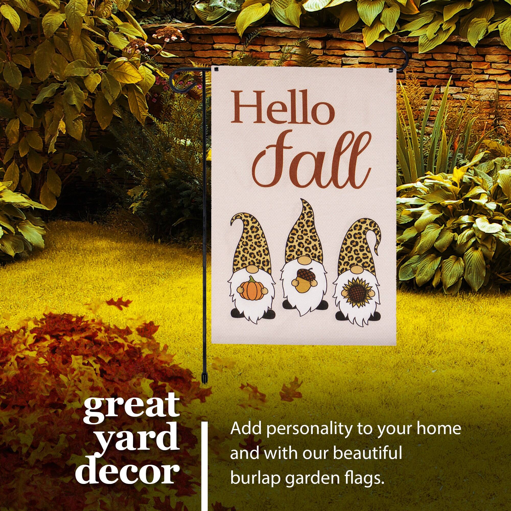 Hello Fall great yard decor. Add personality to your home and with our beautiful burlap garden flags.