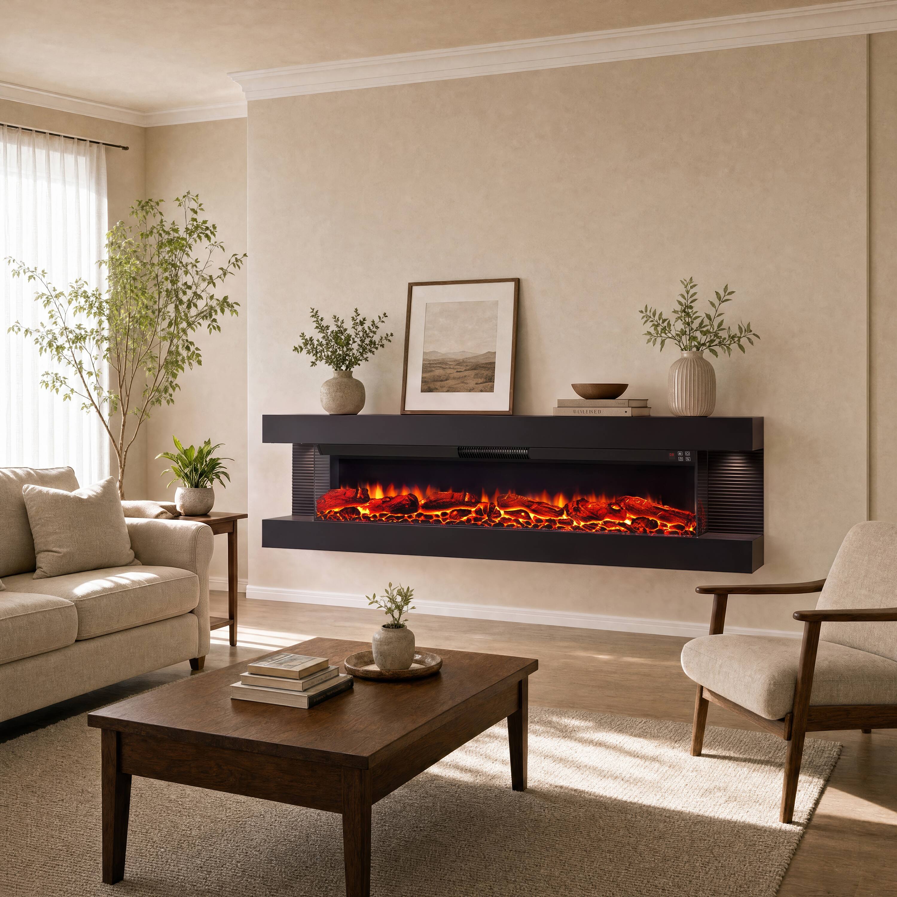 Back. Mondawe - 72" Stylish 3-Sided Electric Fireplace with Suspended LED Light Mantel and Remote Control - Black.