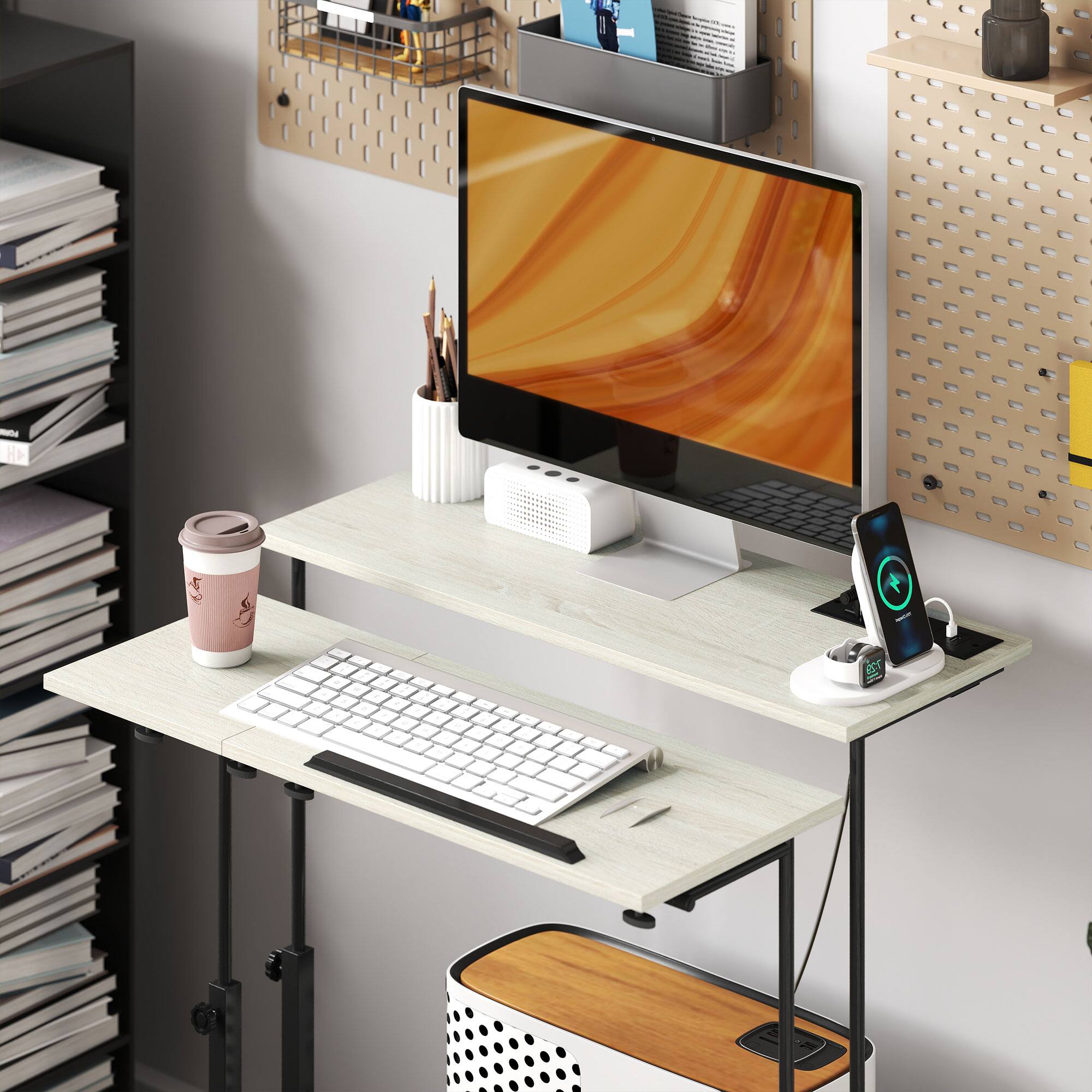 Alt View 8. Homcom - Height Adjustable Standing Desk with Power Outlets, Tiltable Top, Lockable Wheels, Rolling Workstation - Oak.