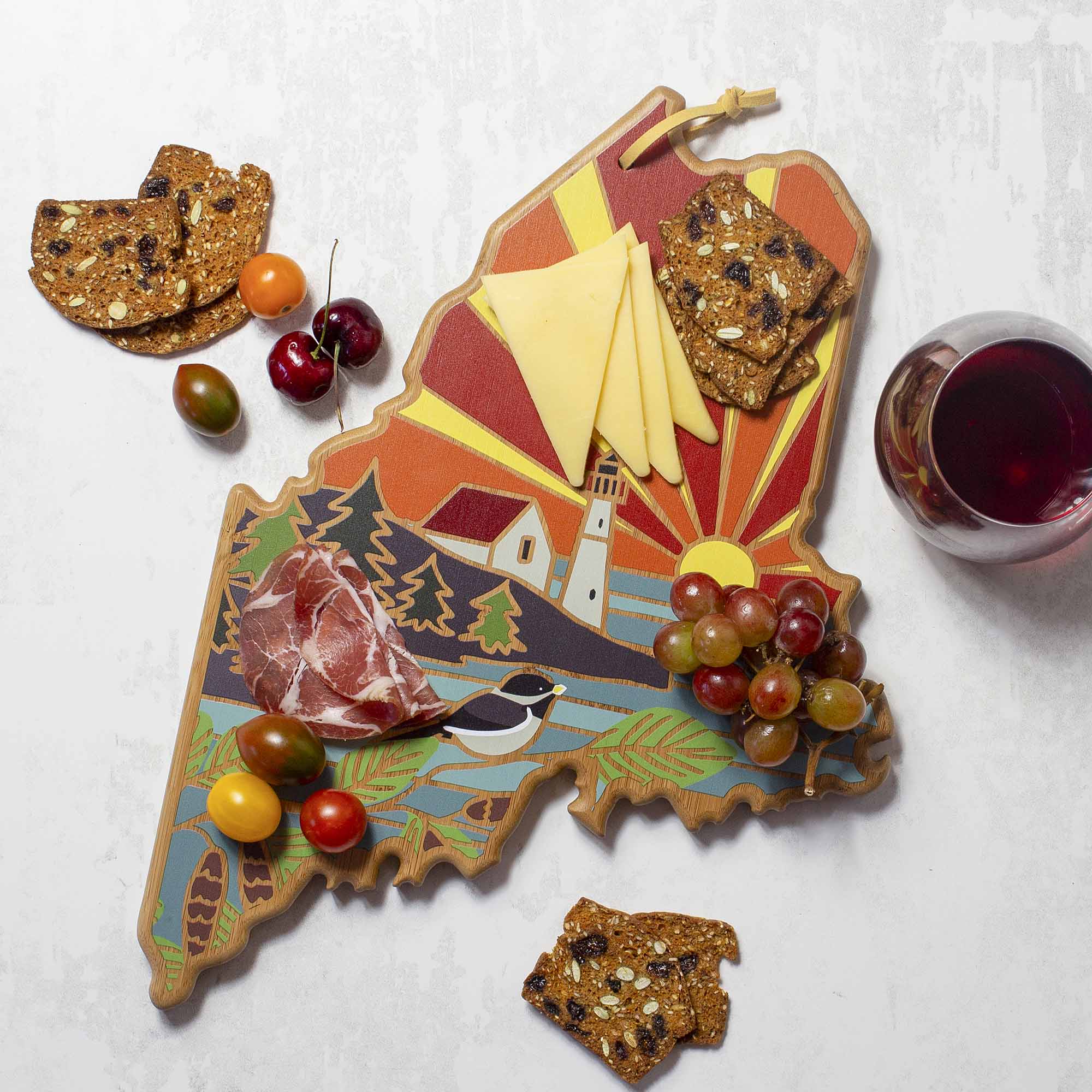 Angle. Totally Bamboo - Maine Cutting Board with Artwork by Summer Stokes.