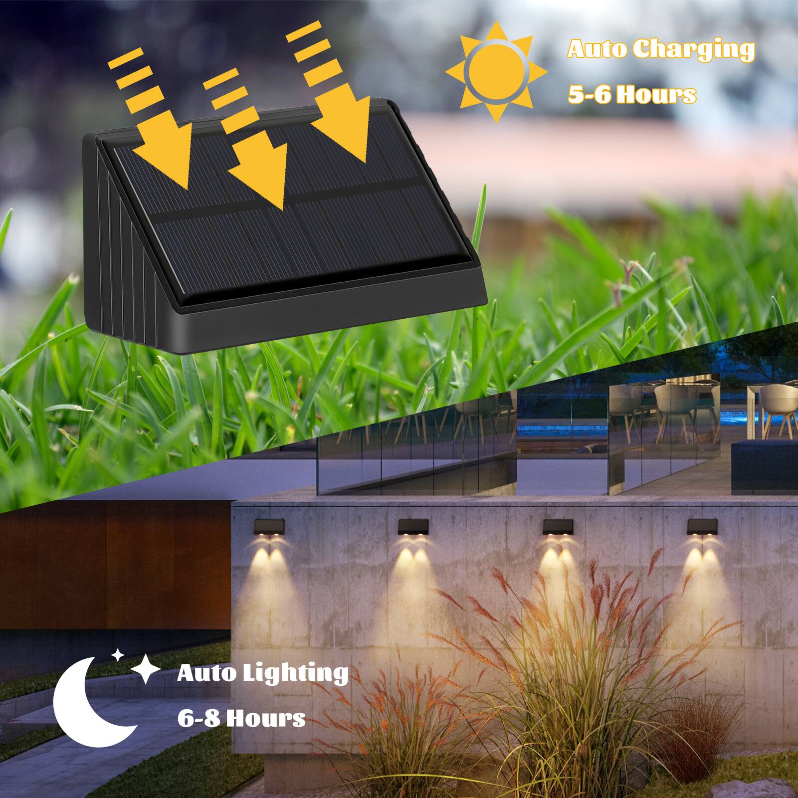 Auto Charging 5-6 Hours  
Auto Lighting 6-8 Hours