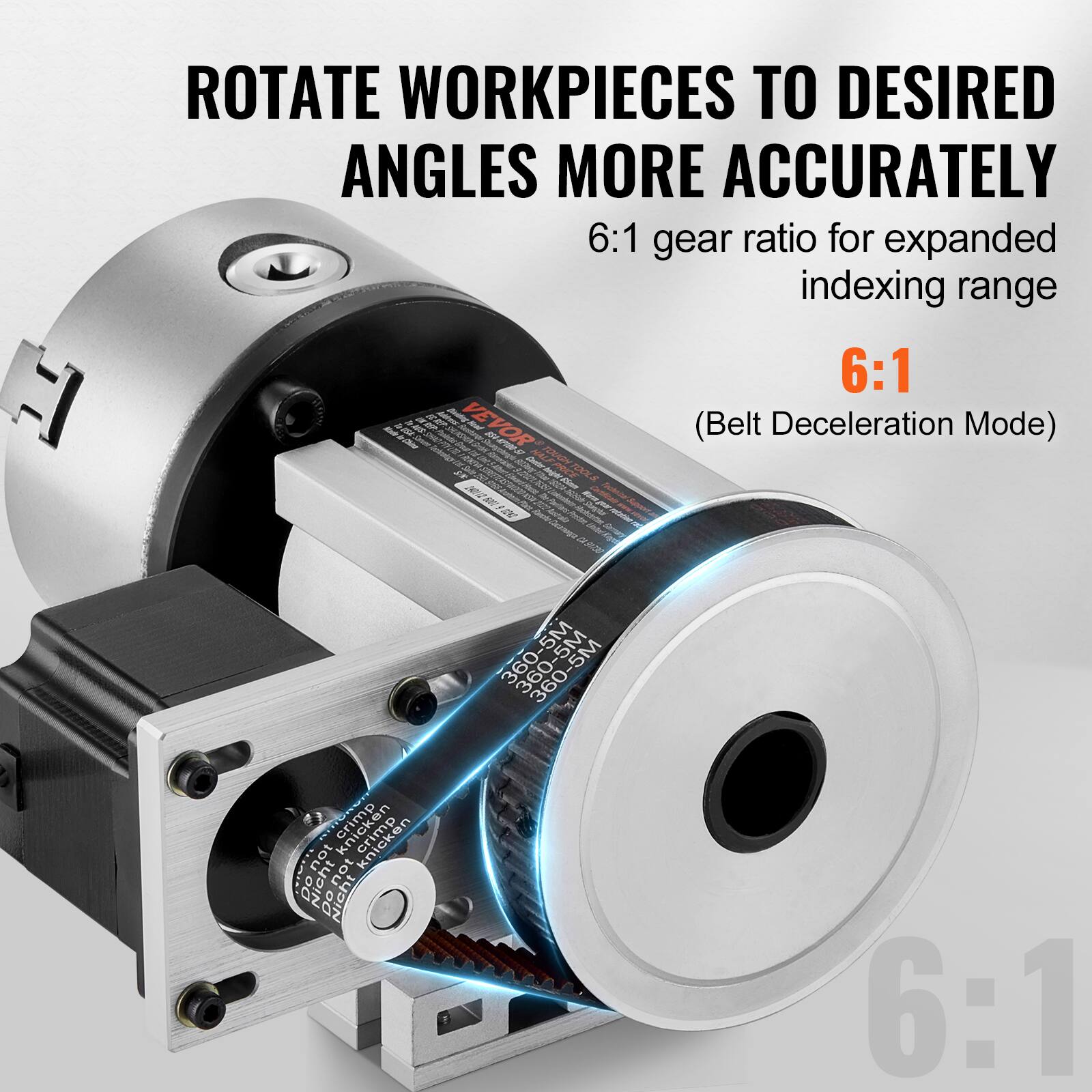 -1 ROTATE WORKPIECES TO DESIRED ANGLES MORE ACCURATELY  
6:1 gear ratio for expanded indexing range  
6:1 VEVOR (Belt Deceleration Mode)  
nd ME x Dw 39 der IN 20W SES  
088 crimp crimp FAE  
1 10u 10u 60 Nicht Piant 0O 6:1