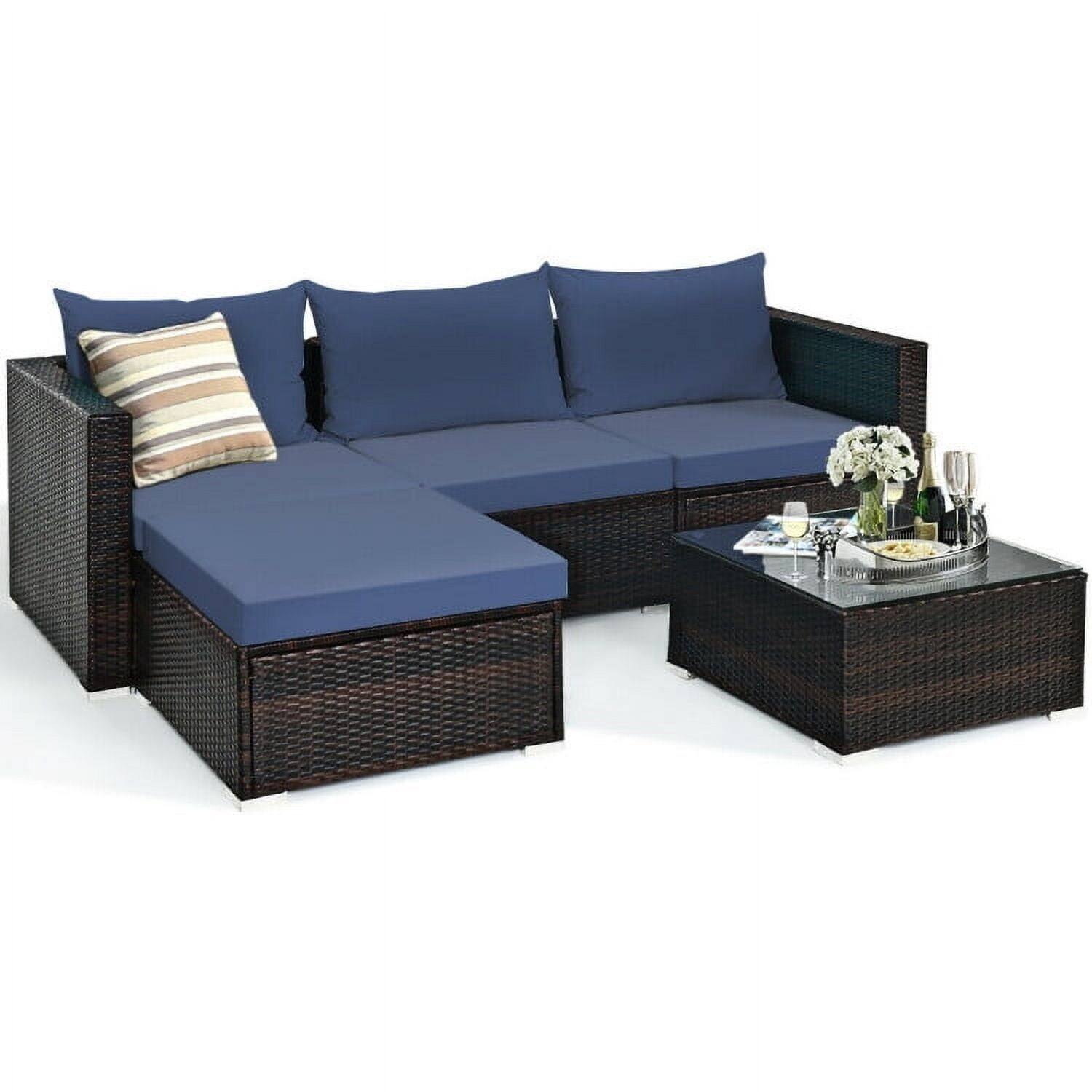 Angle. Pefilos - 5 Pieces Patio Rattan Sectional Furniture Set with Cushions and Coffee Table -Navy, Wicker Furniture Conversation - Blue.