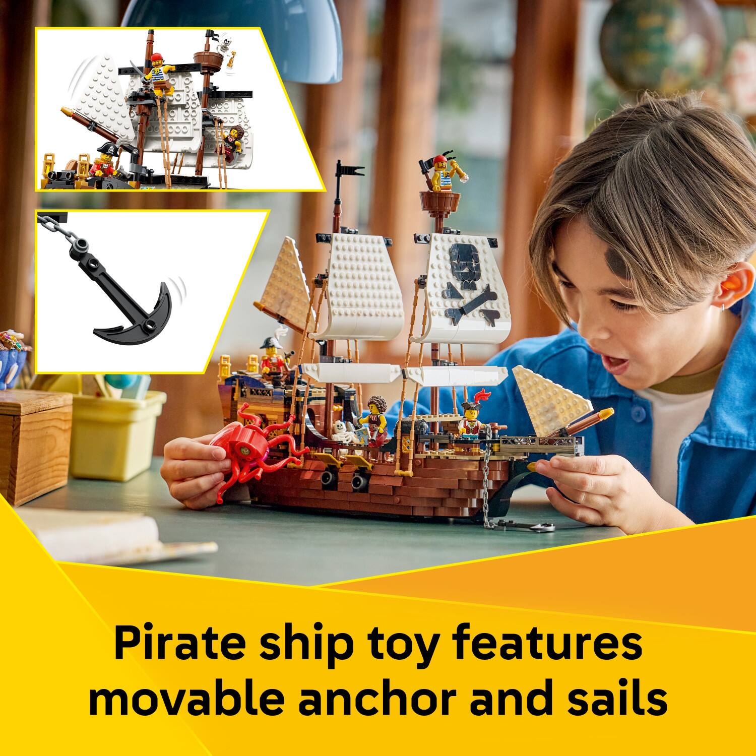 A pirate ship toy features movable anchor and sails