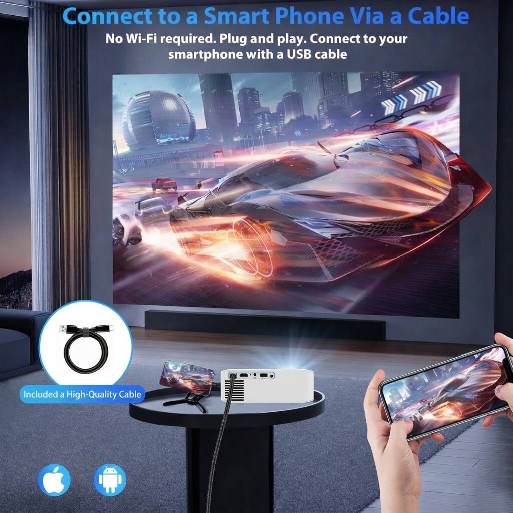 Connect to a Smart Phone Via a Cable  
No Wi-Fi required. Plug and play. Connect to your smartphone with a USB cable.  
Included a High-Quality Cable
