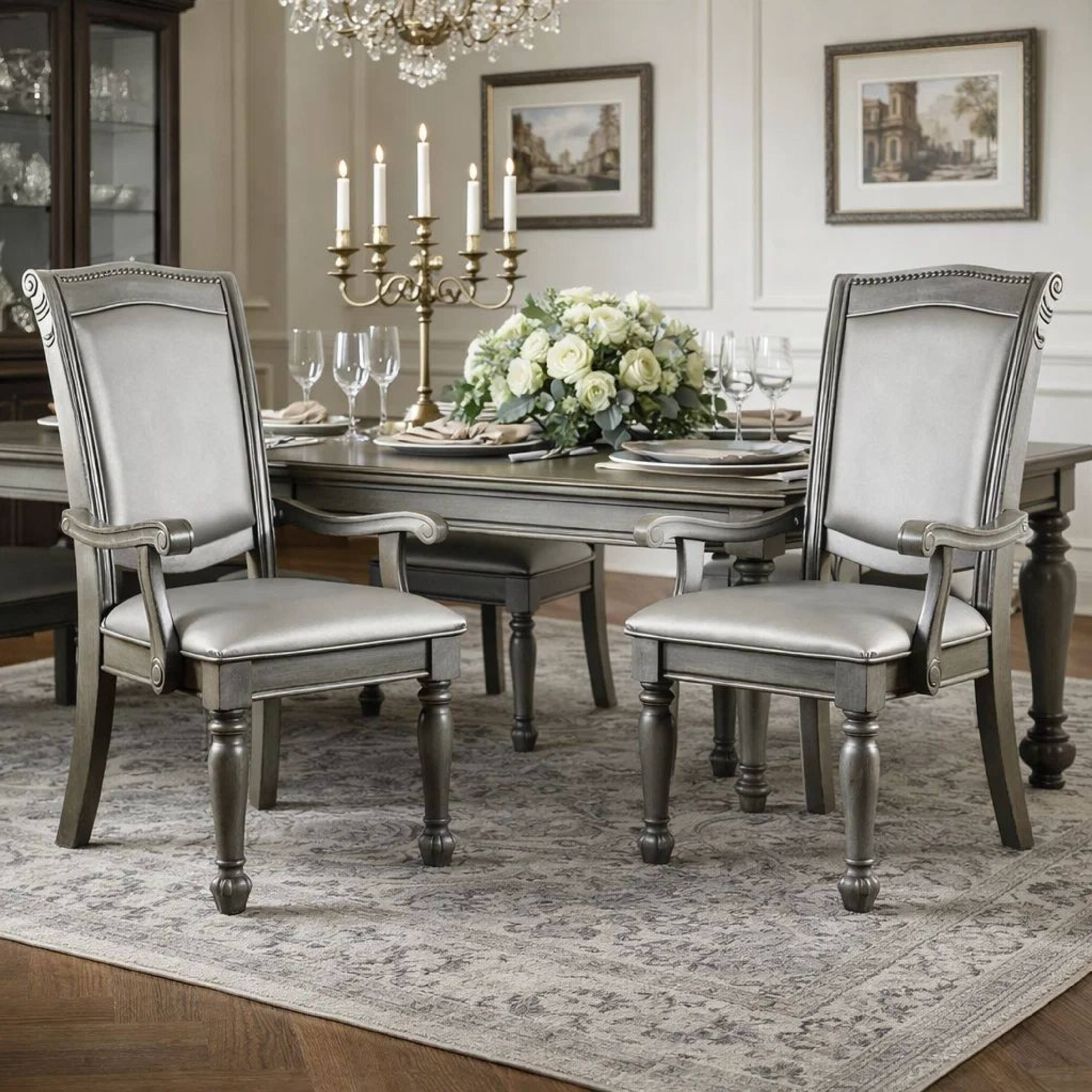 Alt View 6. Manhattan Lane - Traditional Style Wooden Arm Chair With Leatherette Cushions In Gray, Set Of 2 - Gray.