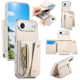 Dteck - PU Leather Wallet Case for Apple iPhone Air, Shockproof Kickstand Phone Cover with Card Slots and Zipper Pocket - Beige