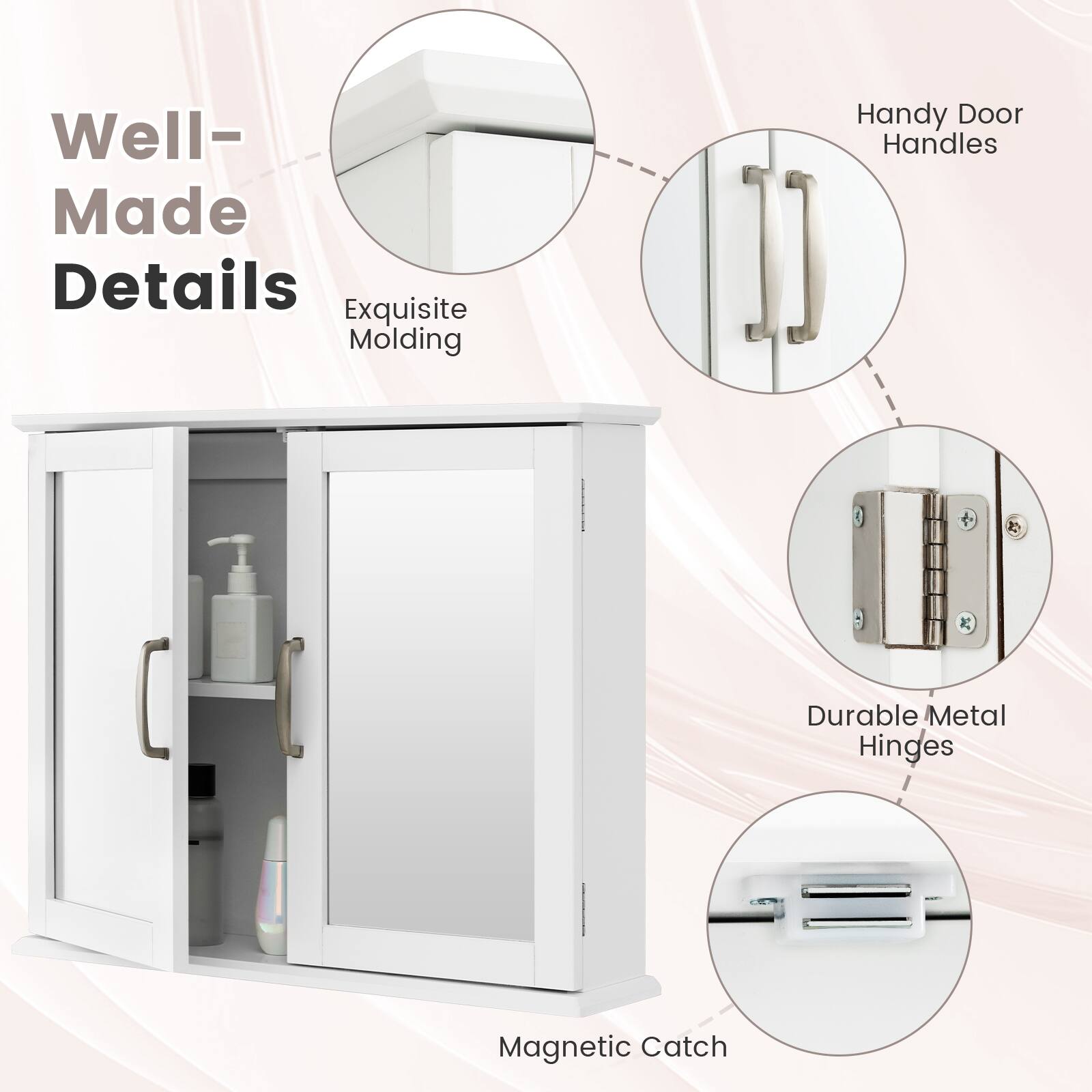 Well-Made Details  
Exquisite Molding  
Handy Door Handles  
Durable Metal Hinges  
Magnetic Catch