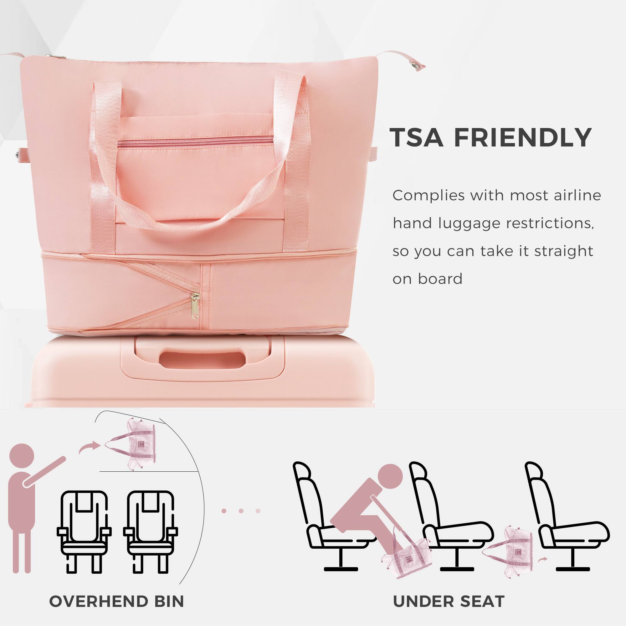 TSA FRIENDLY  
Complies with most airline hand luggage restrictions, so you can take it straight on board  

OVERHEAD BIN  
UNDER SEAT
