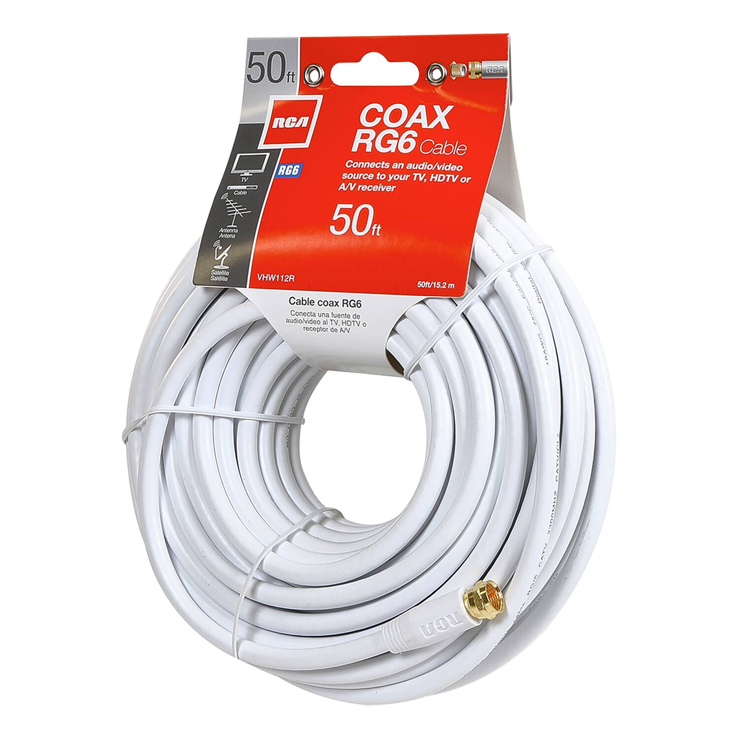 COAX RG6 Cable  
Connects an audio/video source to your TV, HDTV or AV receiver  
50 ft  

Cable coax RG6  
Conecta una fuente de audio/video al TV, HDTV o receptor de AV  

50 ft / 15.2 m  

RCA  
RG6  

VHW112R  

50 ft  

Cable coax RG6  
Conecta una fuente de audio/video al TV, HDTV o receptor de AV  

50 ft / 15.2 m  

RCA  
RG6  

VHW112R