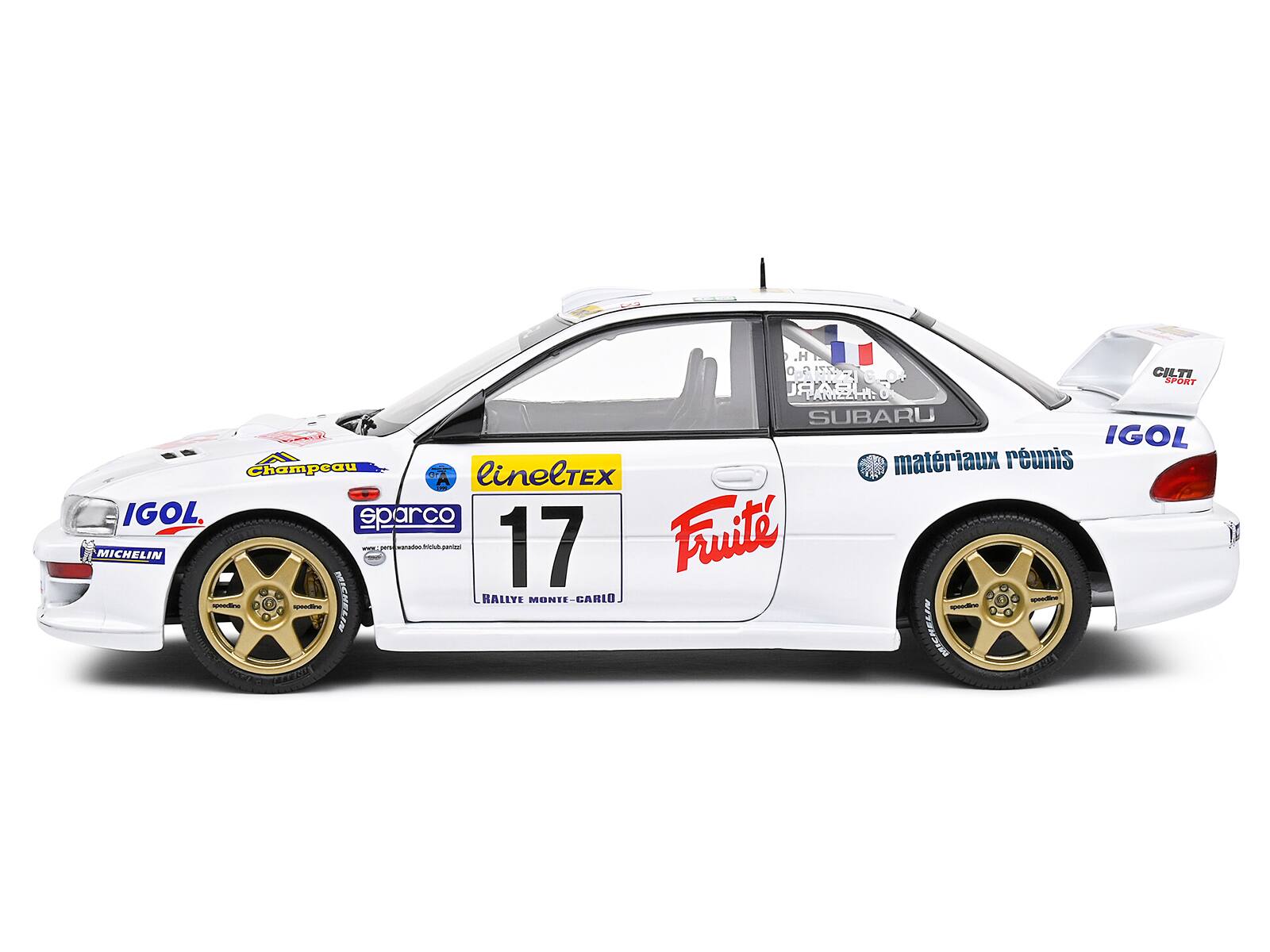Sure, here is the corrected and grouped text from the image:

- IGOL
- linetex
- 17
- Frute
- RALLYE MONTE-CARLO
- materiaux reunis
- CHAMPEAU
- SPARCO
- MICHELIN
- CILTI SPORT
- SUBARU
- BRICHELIN
- HALLYE
- MECNELIN
- RARE
