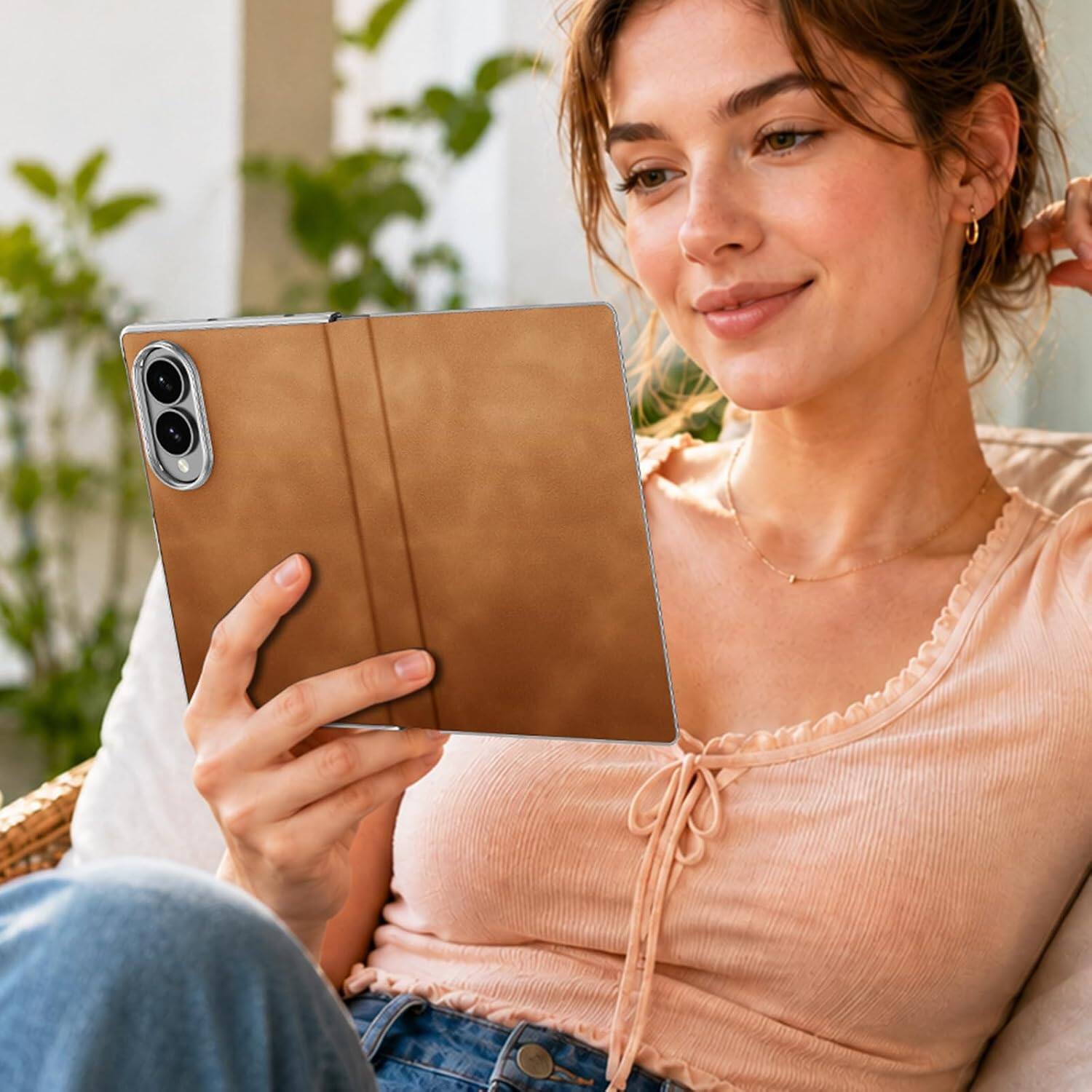 Back. Dteck - Full Body Case for Samsung Galaxy Z Fold8 Business Faux Leather Shockproof Hinge Protection Folio Cover - Black.