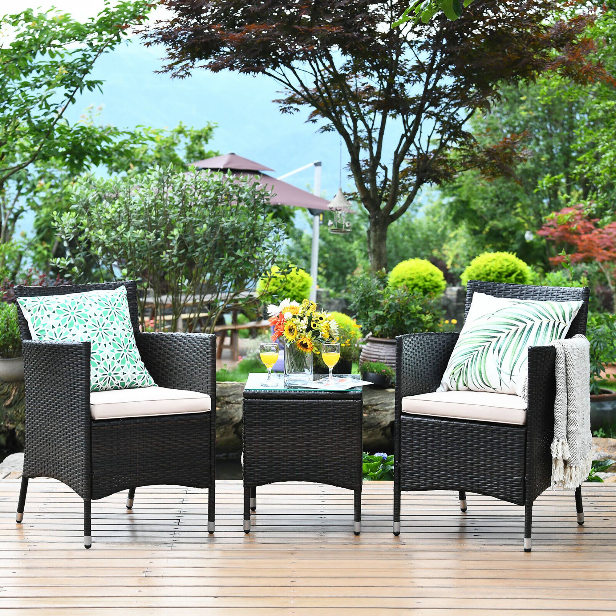 Alt View 4. Costway - Outdoor 3 PCS PE Rattan Wicker Furniture Sets Chairs Coffee Table Garden - Beige.